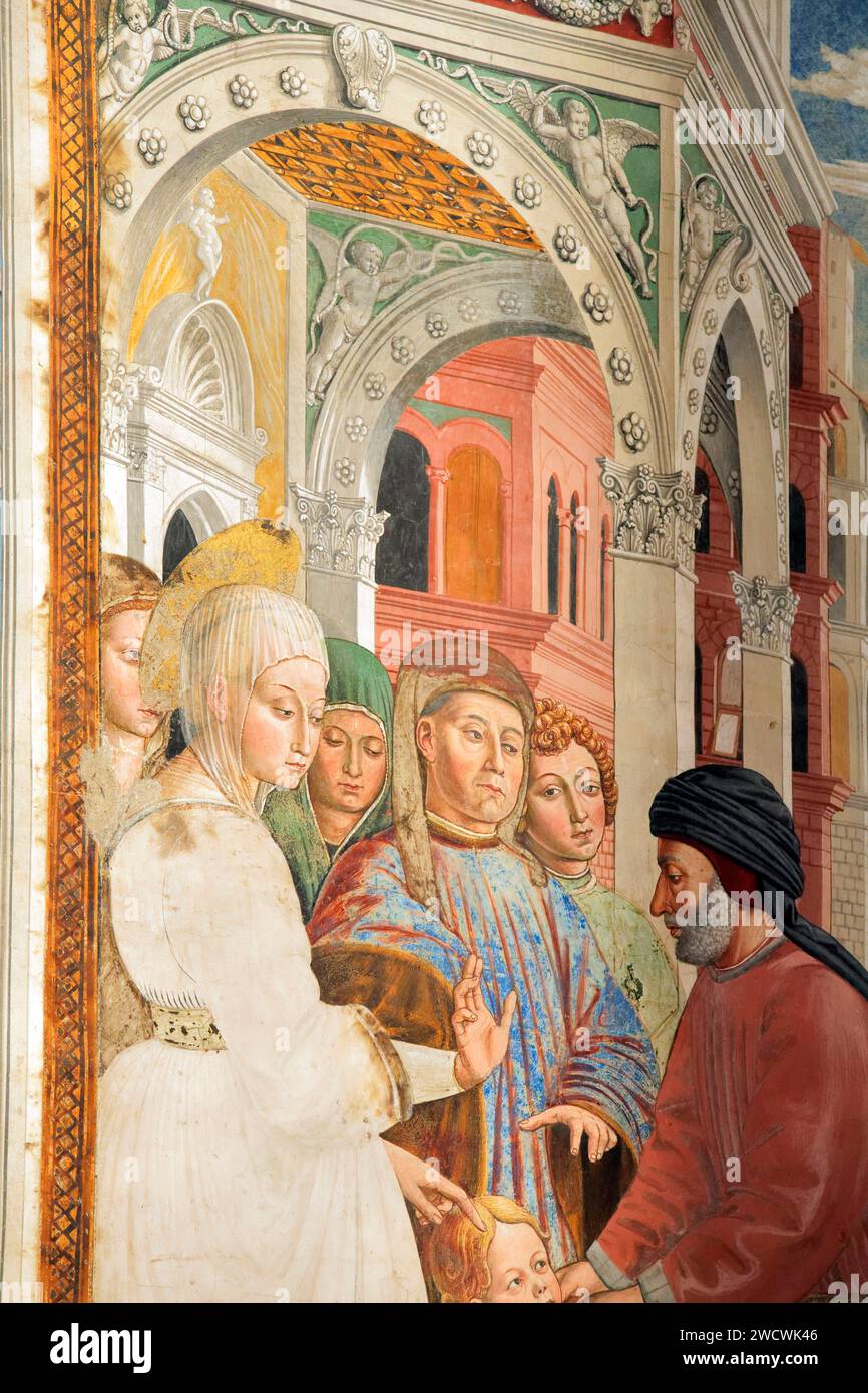 Italy, Tuscany, Val d'Elsa, the medieval village of San Gimignano, historic center listed as World Heritage by UNESCO, Sant' Agostino Church, choir, frescoes by Benozzo Gozzoli (1465) about Augustine or St. Austin's life Stock Photo