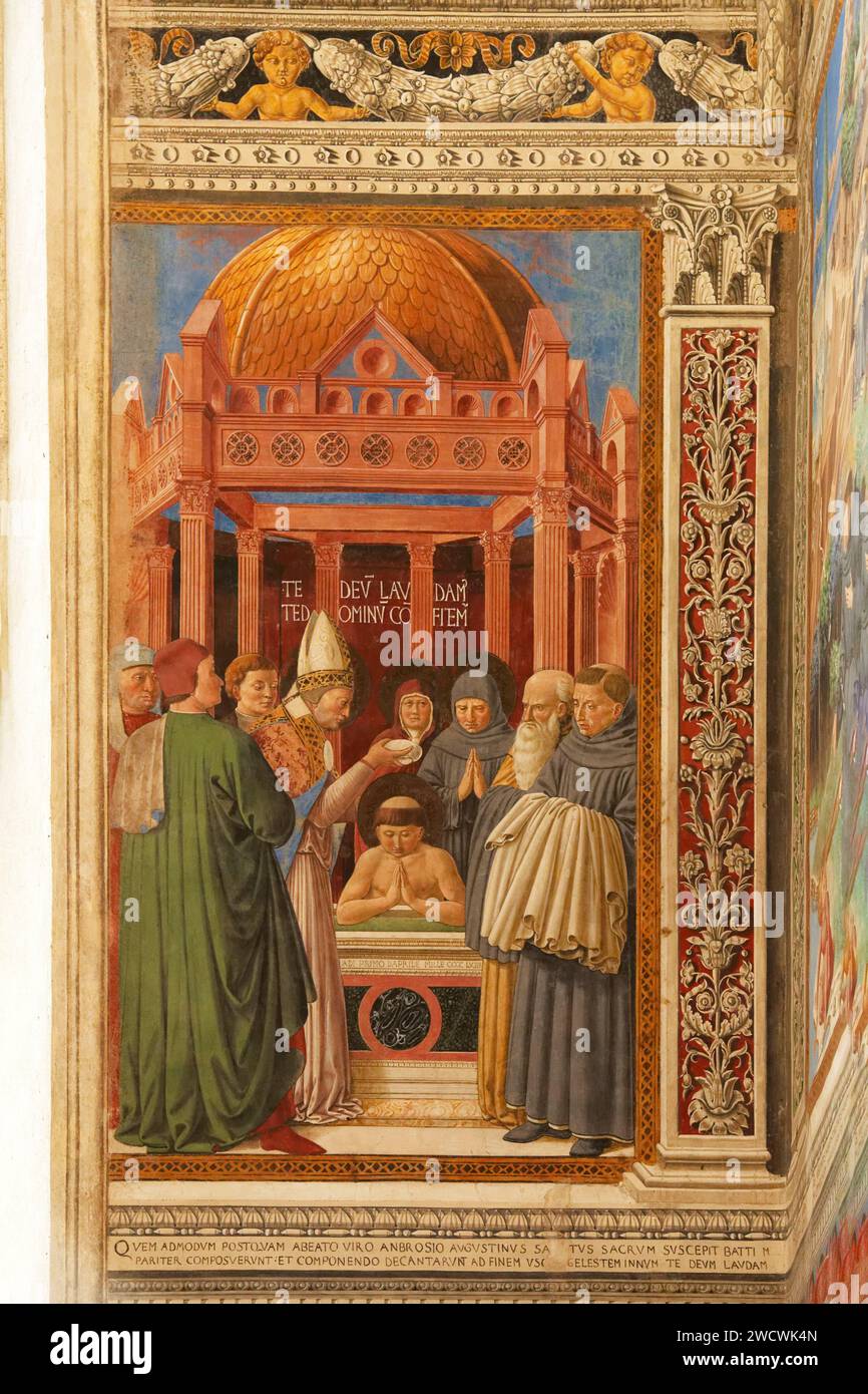 Italy, Tuscany, Val d'Elsa, the medieval village of San Gimignano, historic center listed as World Heritage by UNESCO, Sant' Agostino Church, choir, frescoes by Benozzo Gozzoli (1465) about Augustine or St. Austin's life Stock Photo