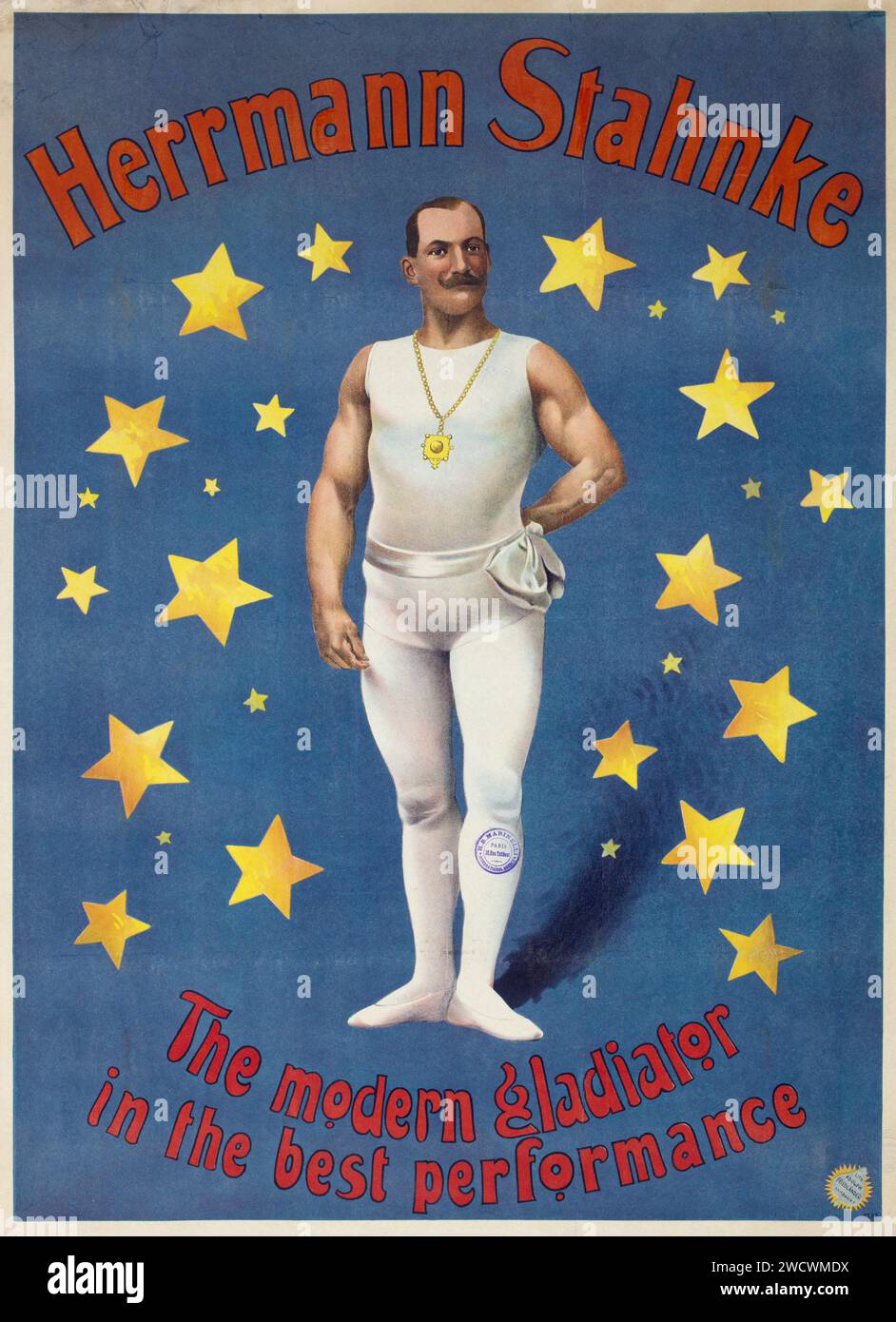 Antiqe poster - Strong man, Herrmann Stahnke, the modern gladiator in the best performance. Anonymous artist, 1899 Stock Photo