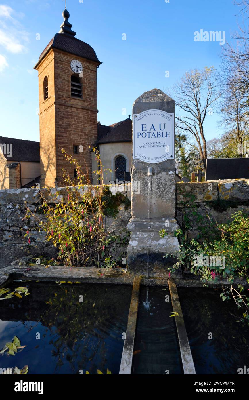 France, Jura, Montigny les Arsures, Saint Gregoire church, fountain, inscription, Drinking water, Consume in moderation Stock Photo