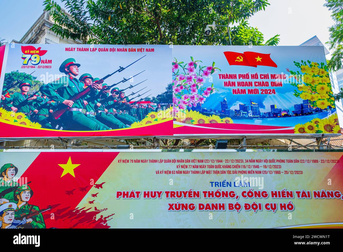 Vietnam, Ho Chi Minh City (Saigon), District 1, Ben Nghe area, poster for the celebration of the Vietnamese People's Army Stock Photo