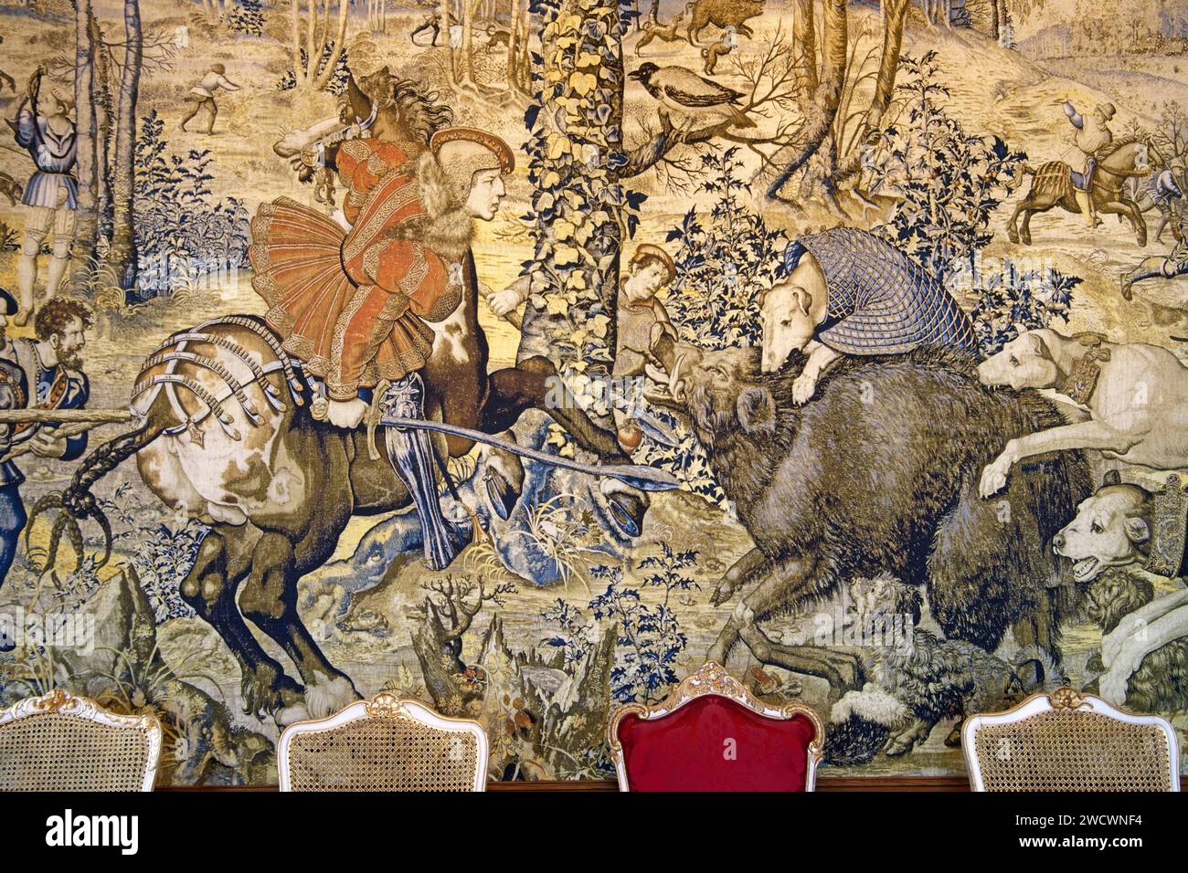 Germany, Baden Wurttemberg, Lake Constance (Bodensee), Meersburg, Neues Schloss (New castle),Schoßmuseum Meersburg (castel museum), prince bishop appartement, the tapestry series of the Chasses de Maximilien, Boar hunting Stock Photo