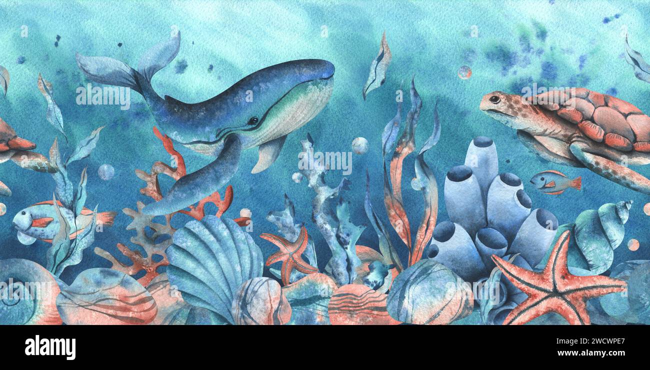 Underwater world clipart with sea animals whale, turtle, octopus ...