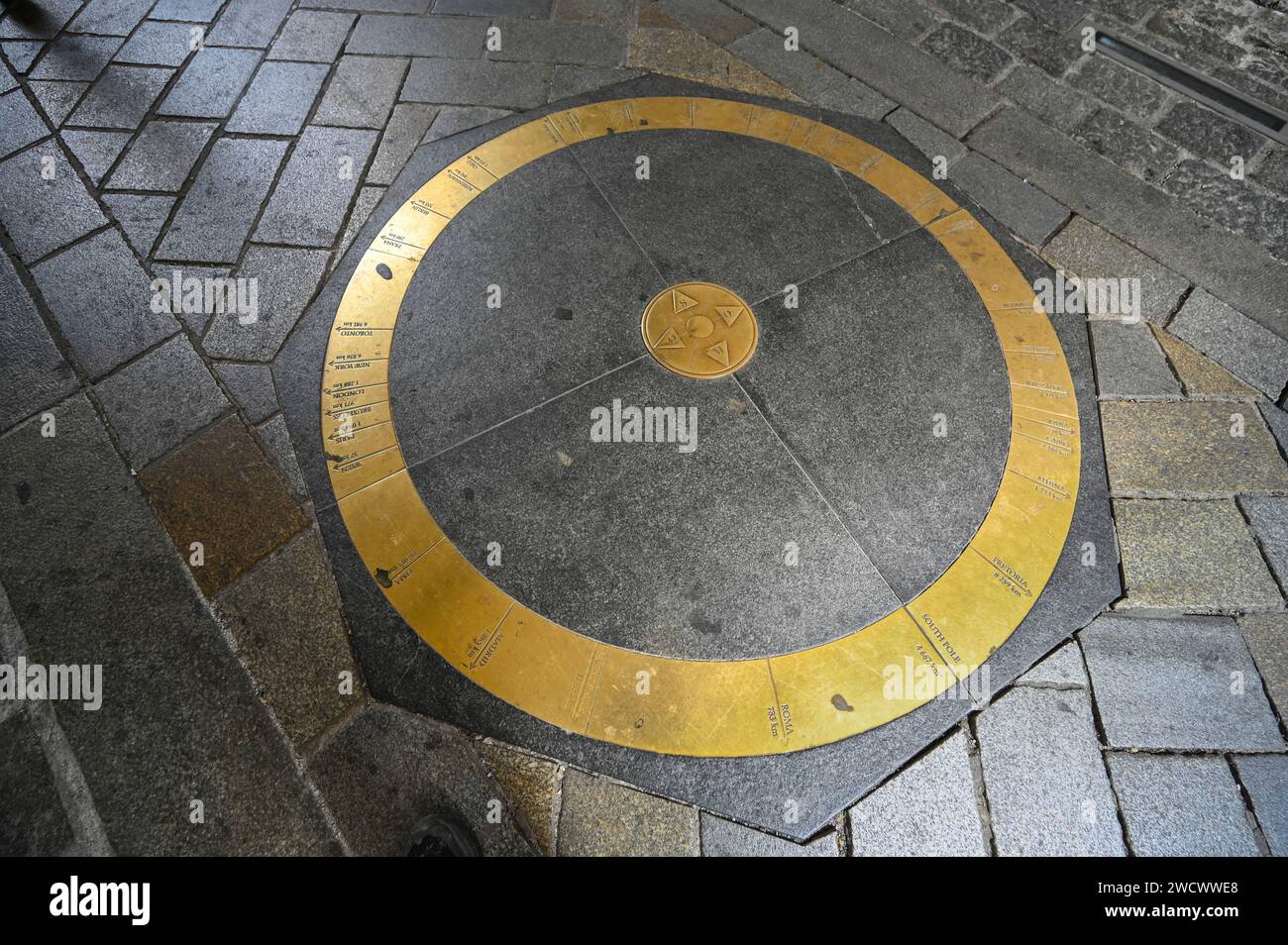 Slovakia, Bratislava, an orientation table on the ground under the 14th century city gate Michalska brana (Saint Michael) Stock Photo