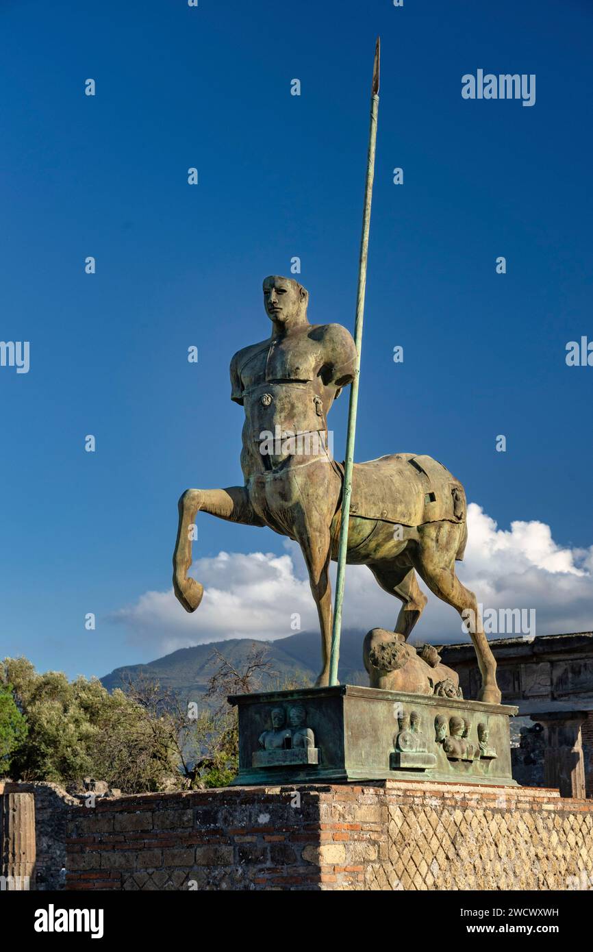 Italy, Campania, the Bay of Naples, Pompei, the centaur on the forum, modern sculptures by Polish sculptor Igor Mitoraj Stock Photo