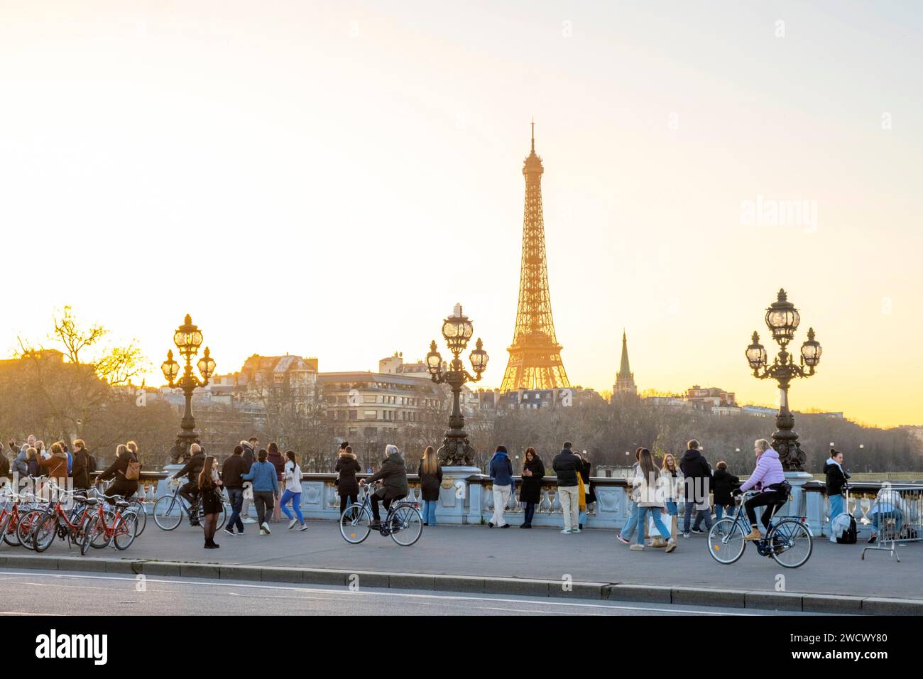France, Paris, banks of the Seine listed as Wolrd Heritage by UNESCO, Alexandre III bridge and the Eiffel Tower Stock Photo