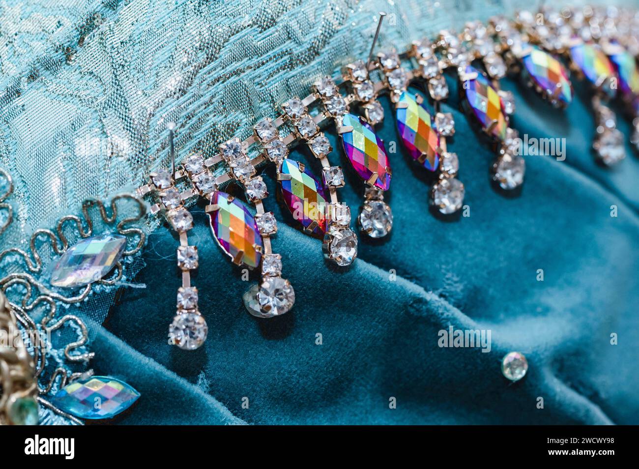 France, Haute Savoie, Annecy, Venetian carnival, Georges Mouchet works to build a new costume for the 2024 carnival season called Contes d'Orient, detail of the stones inserted in the headdress Stock Photo