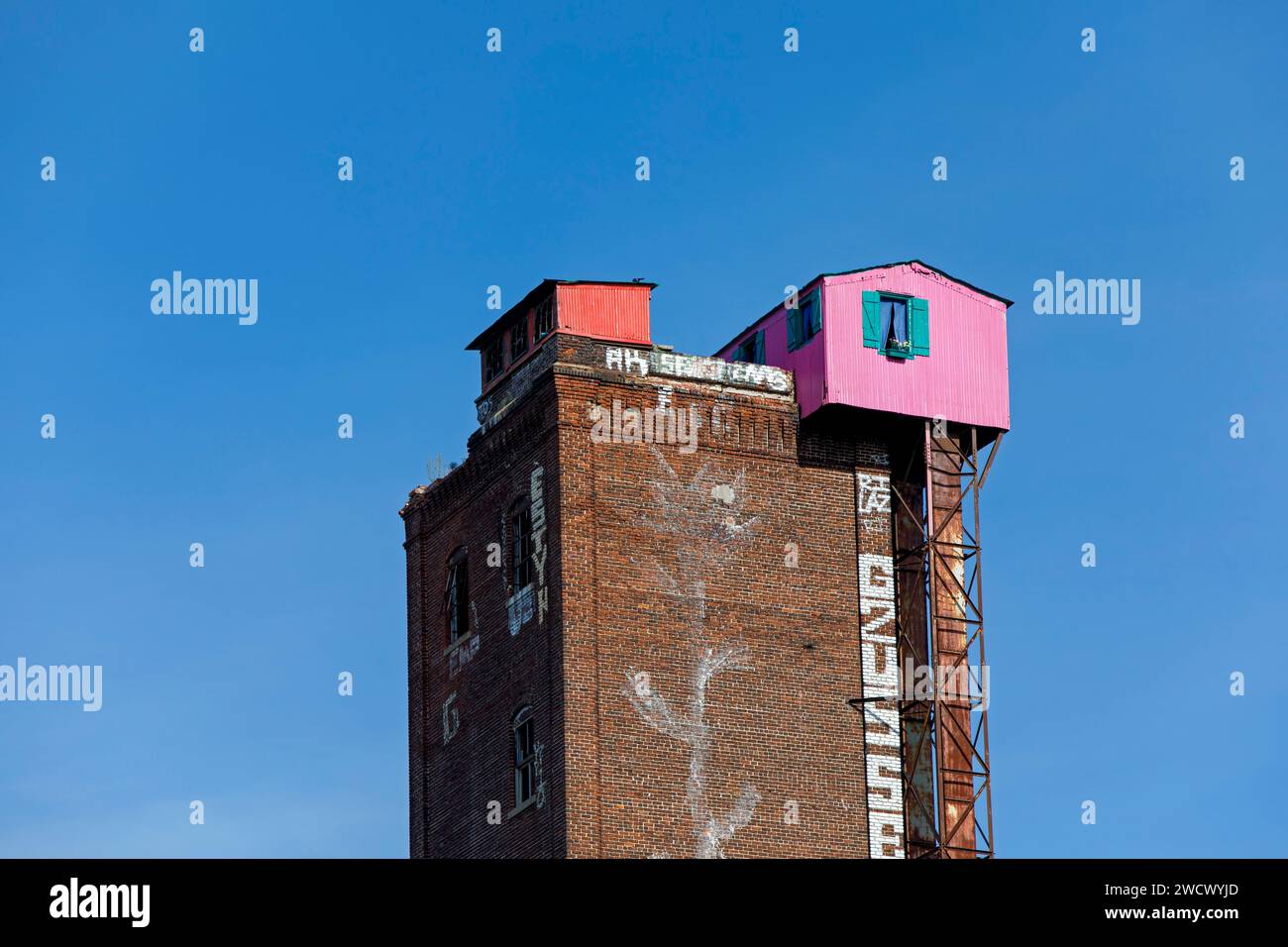 Canada, province of Quebec, Montreal, the surroundings of the Lachine Canal in the west of the city, the silos of the former Canada Malting Co factory, the mysterious little pink house at the top Stock Photo