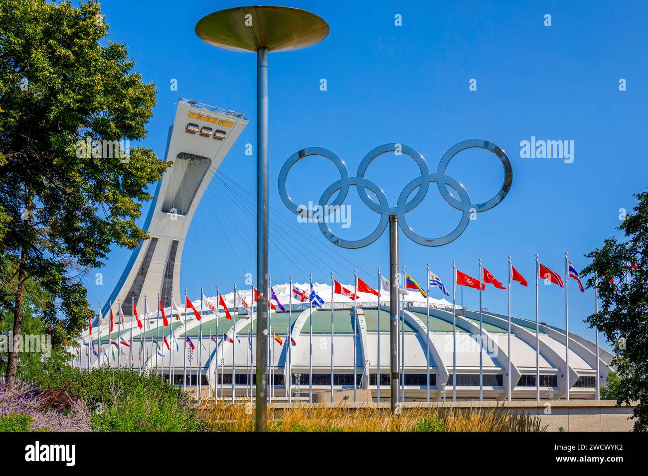 Canada, province of Quebec, Montreal, Hochelaga-Maisonneuve, the Olympic stadium and its tower, works of the architect Roger Taillibert, the Olympic rings Stock Photo