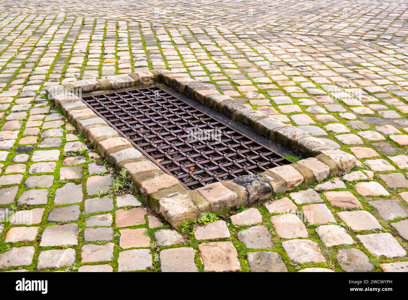 France, Paris, Philippe Auguste enclosure, square courtyard of the Louvre, rectangular grid serving as a cistern probably to collect rainwater, Keep of the Chateau Fort Stock Photo