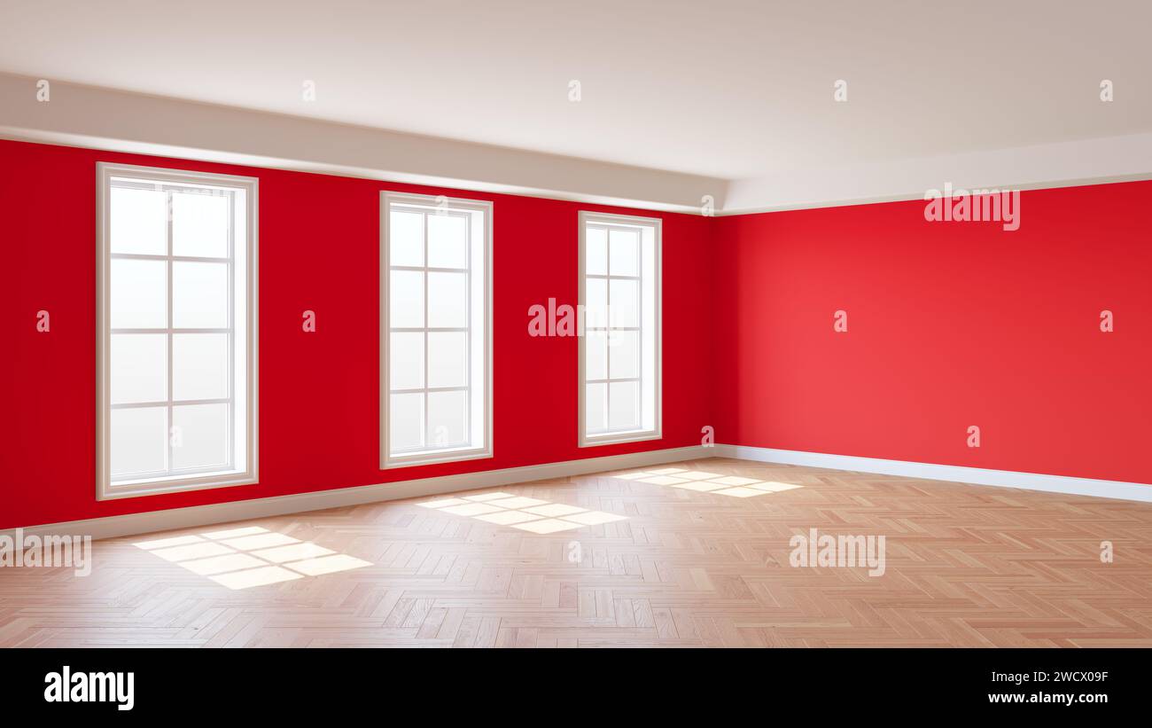 Sunny Interior with Red Walls, Three Large Windows, White Ceiling and Cornice, Glossy Herringbone Parquet Flooring and a White Plinth, 3D Rendering. 8 Stock Photo