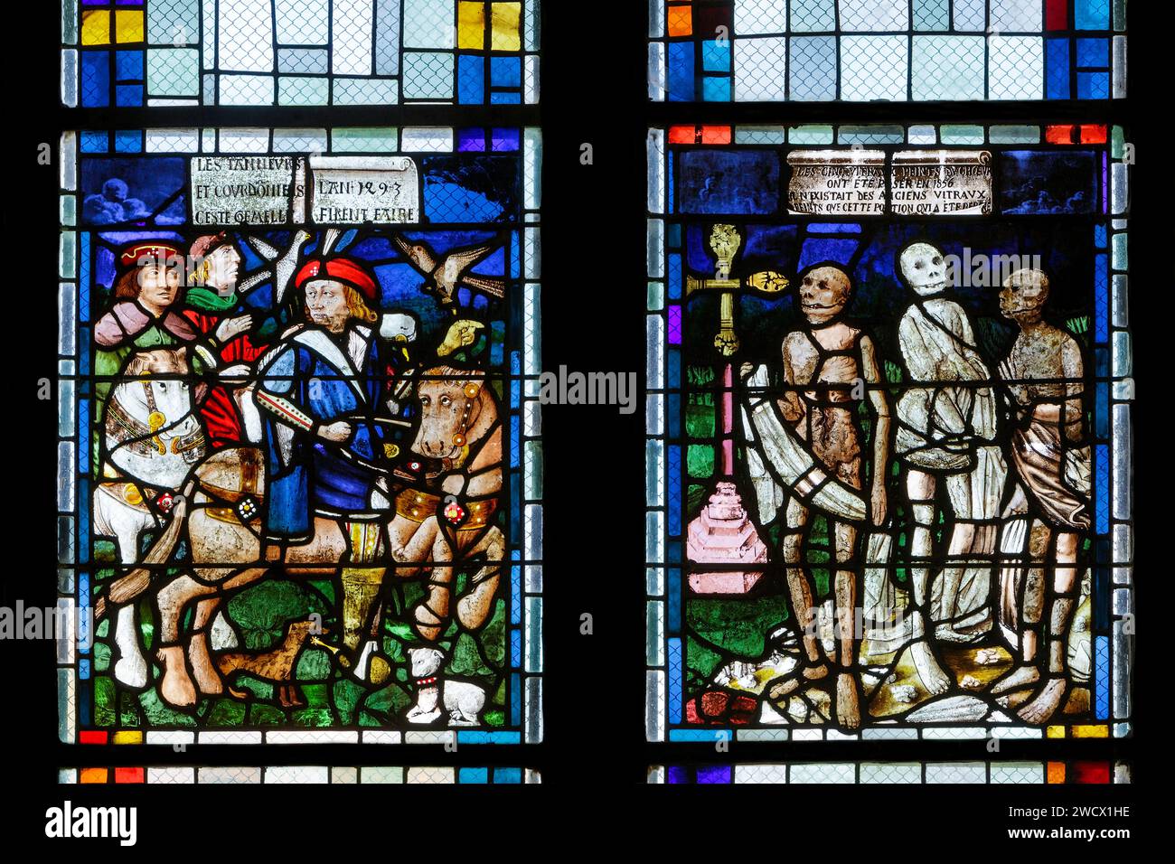 France, Vosges, Charmes, St Nicolas church built in 1493 in Renaisssance style, late 15th early 16th century stained glass window called the three dead and the three alive after a medieval story Stock Photo