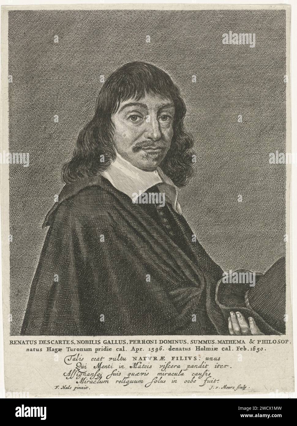 Portrait of René Descartes, Jacob van Meurs, after Jonas Suyderhoef, After Frans Hals, 1650 - 1652 print Portrait of the French philosopher René Descartes. At the bottom of the margin a four -line text in Latin. Amsterdam paper engraving Stock Photo