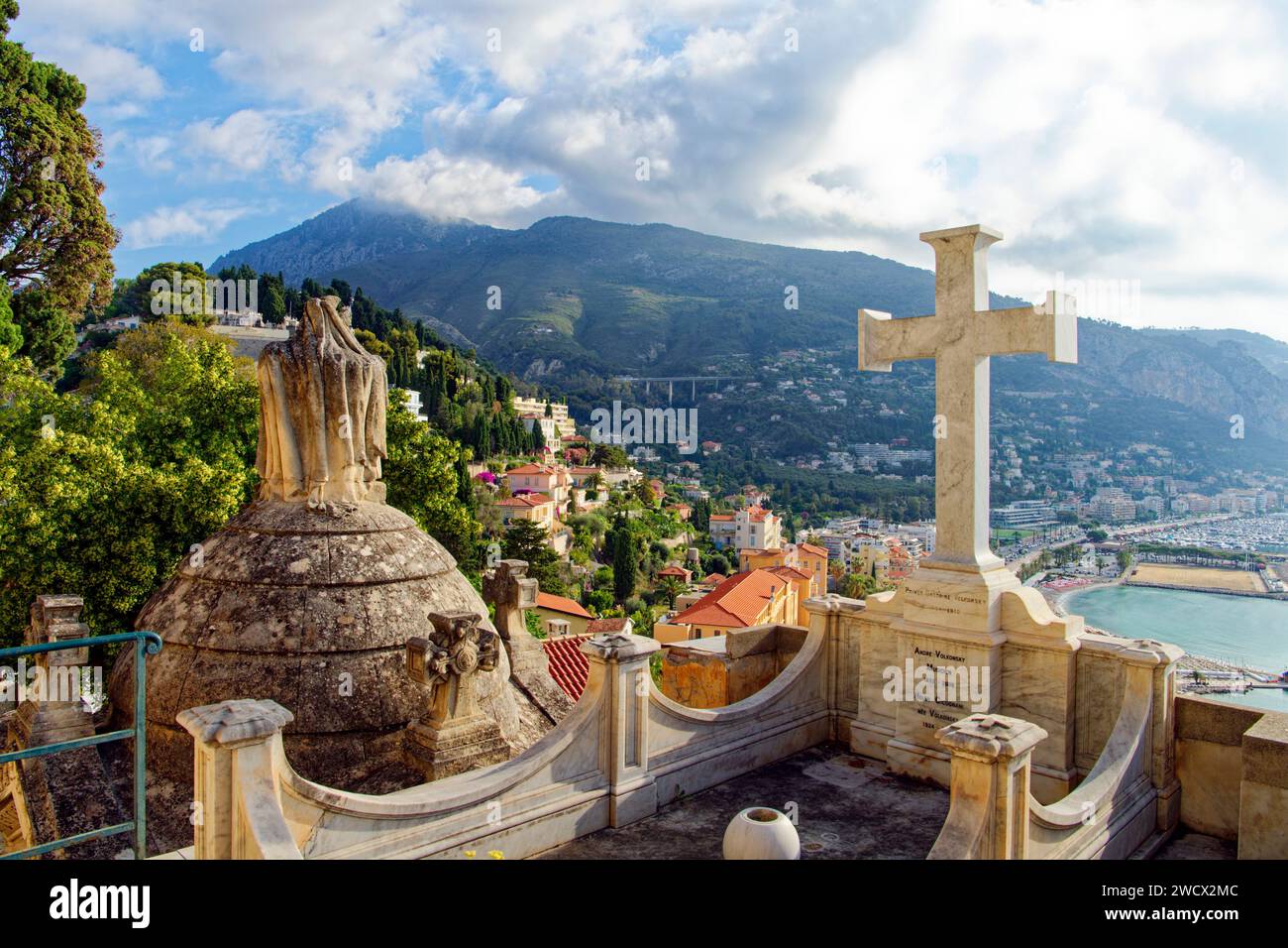 France, Alpes Maritimes, Menton, old city, cemetery of the Old Castle, overlooking the bay of Garavan Stock Photo