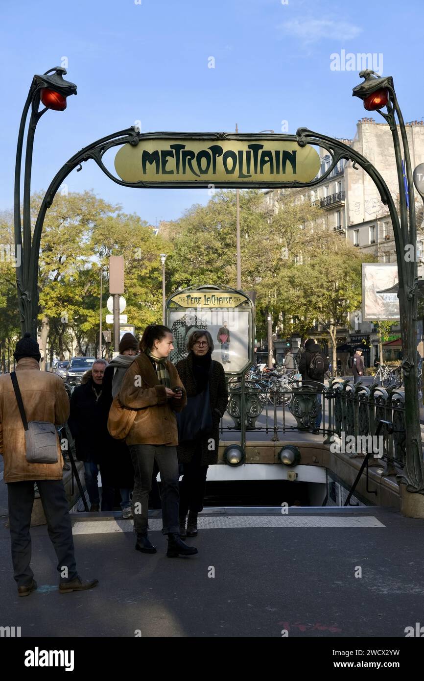 France, Paris, Pere-Lachaise metro station with Art Nouveau sign by Hector Guimard Stock Photo