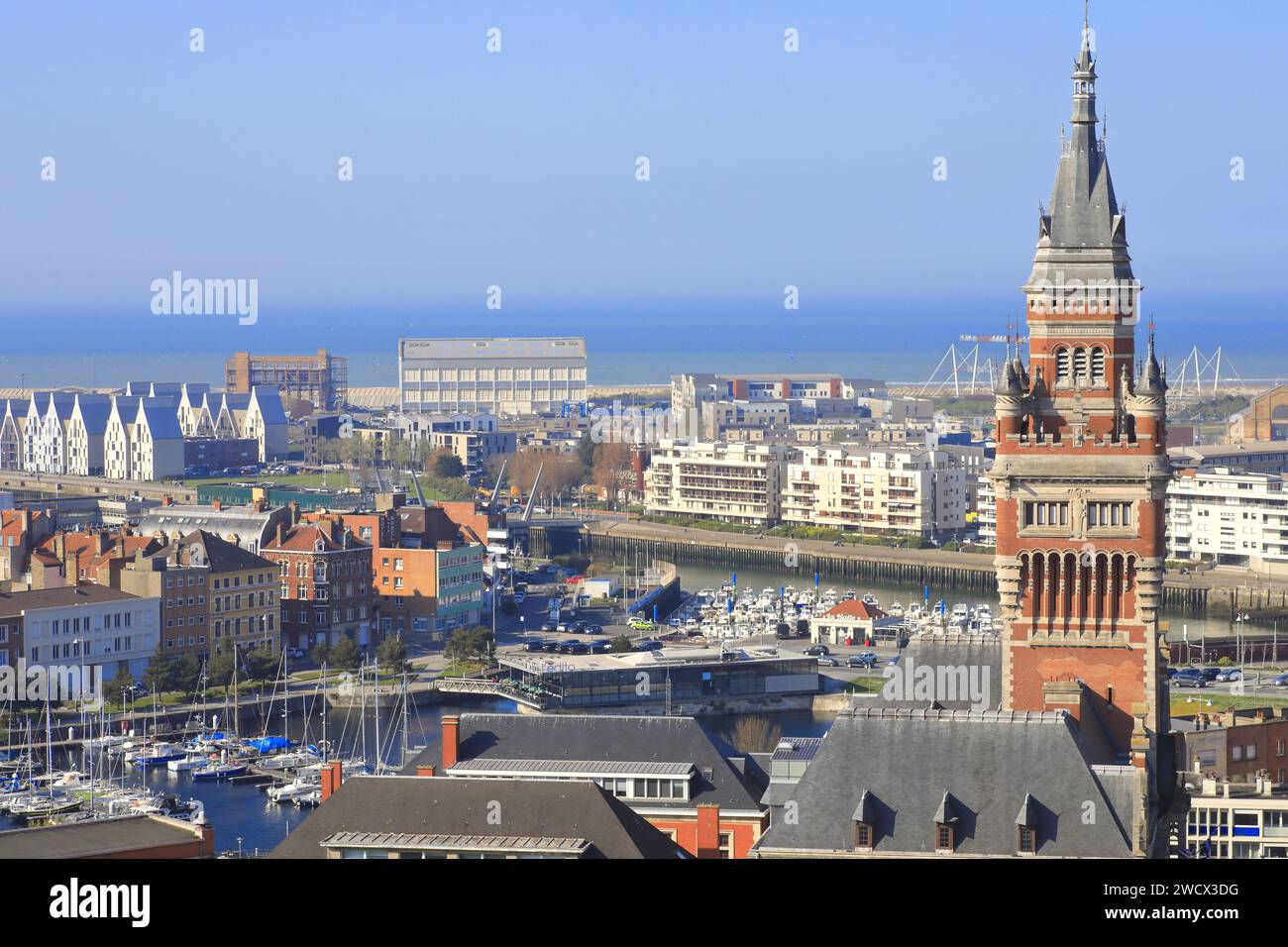 France, Nord, Dunkirk, view from the Beffroi Saint-Éloi on the belfry of the Town Hall (listed as a UNESCO World Heritage Site), the marina, the Grand Large eco-district and the North Sea Stock Photo