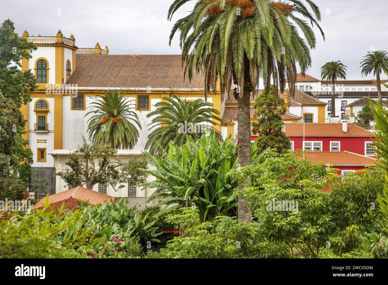 Portugal, Azores archipelago, Terceira island, Angra do Heroismo, colorful facades of colonial buildings with tiled roofs in the historic center Stock Photo