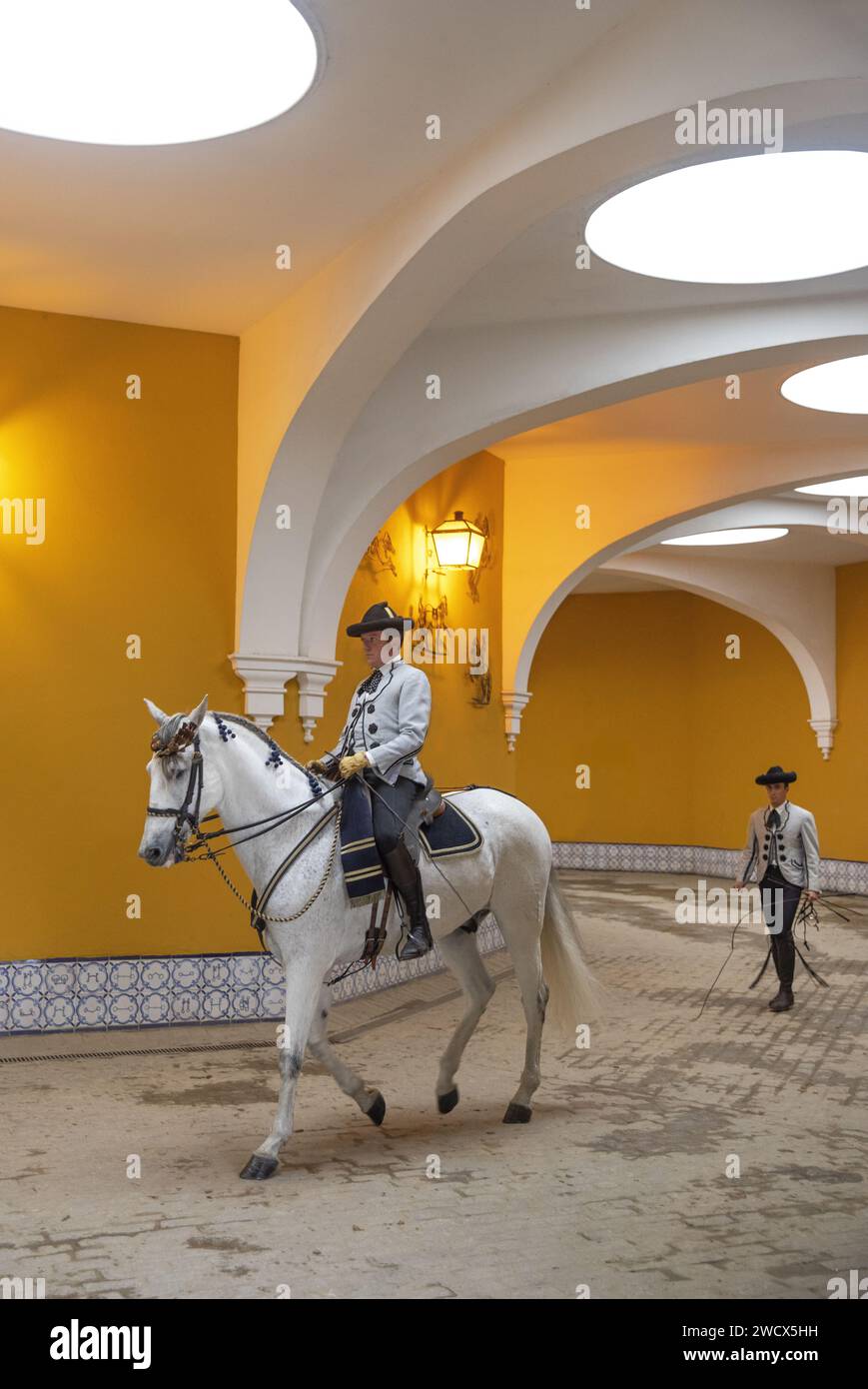 Spain, Andalusia, Jerez de la Frontera, Andalusian royal school of equestrian art, rider in Goyesque costume on a white horse in the vaulted stables Stock Photo