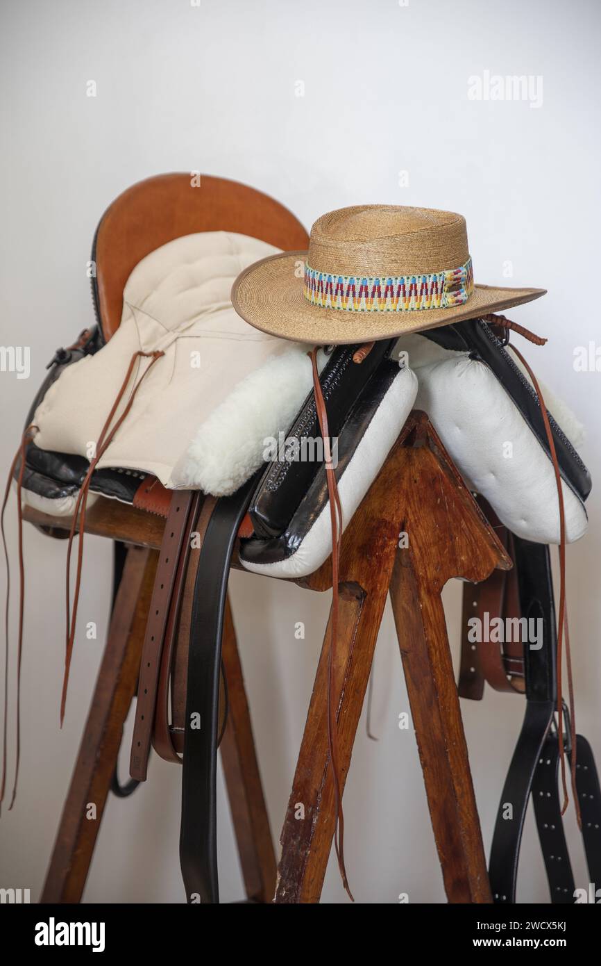 Spain, Andalusia, Coria del Rio, Andalusian rider's hat placed on an artisanal saddle made by the century-old Casa Vidal saddlery Stock Photo