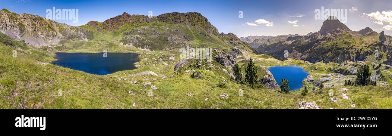 France, Pyrenees Atlantiques, Béarn, Ossau valley, Pyrenees National Park, panoramic view of 2 of the Ayous lakes, the Pic du Midi d'Ossau in the background Stock Photo