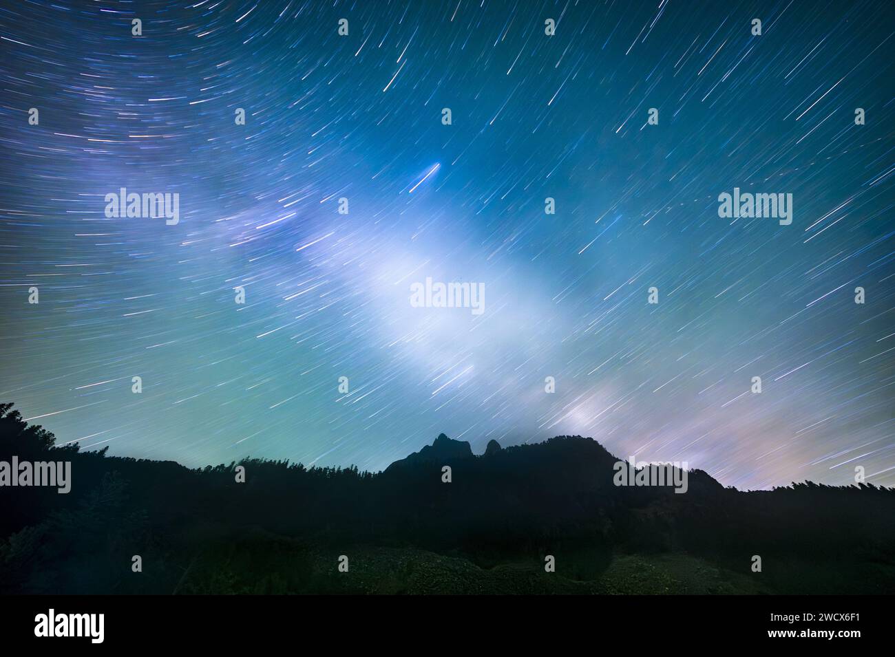 France, Pyrenees Atlantiques, Béarn, Ossau valley, Pyrenees National Park, starry sky above the Pic du Midi d'Ossau, Bious-Artigues plateau Stock Photo