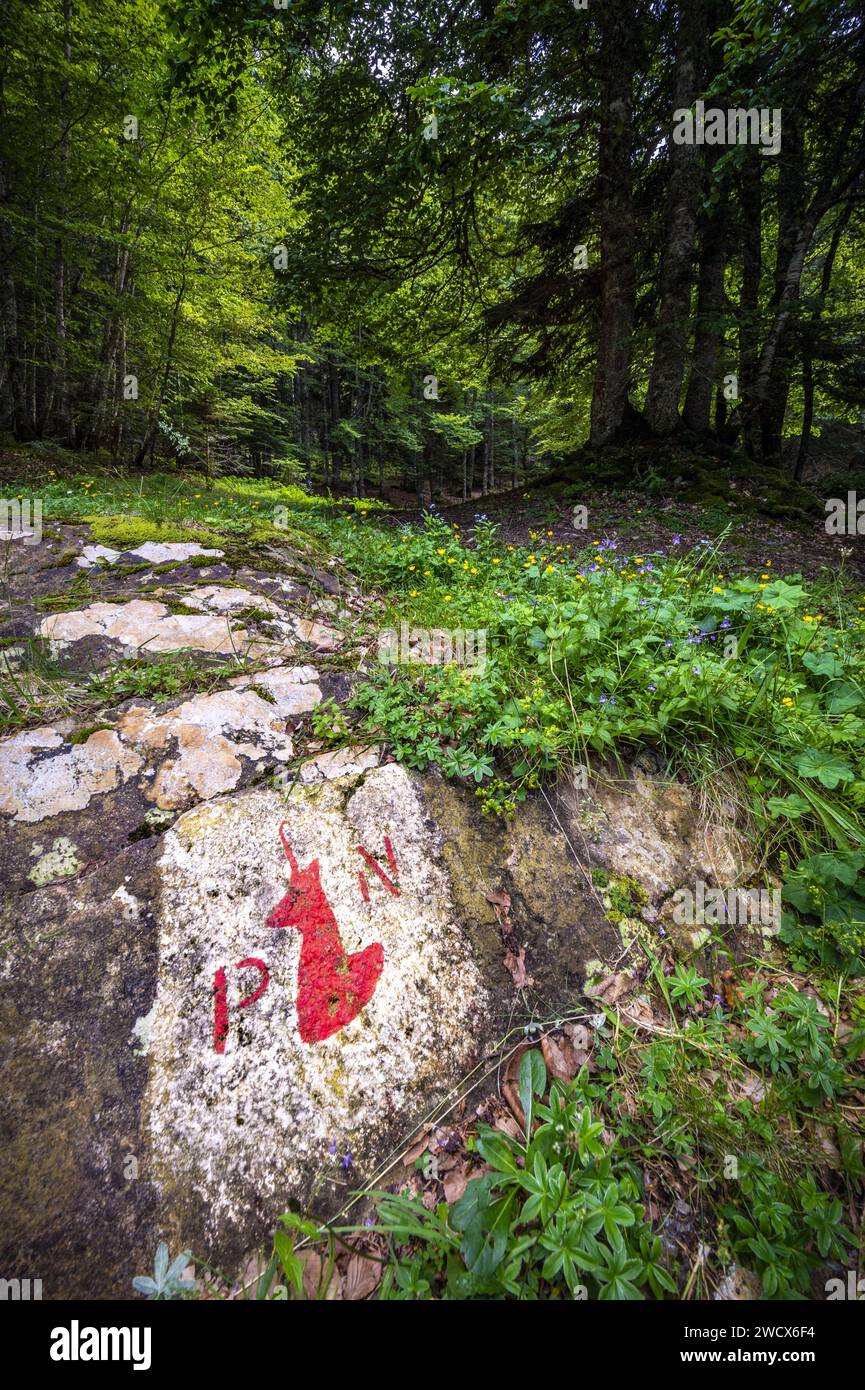 France, Pyrenees Atlantiques, Béarn, Ossau valley, boundary of the Pyrenees National Park with the isard emblem Stock Photo