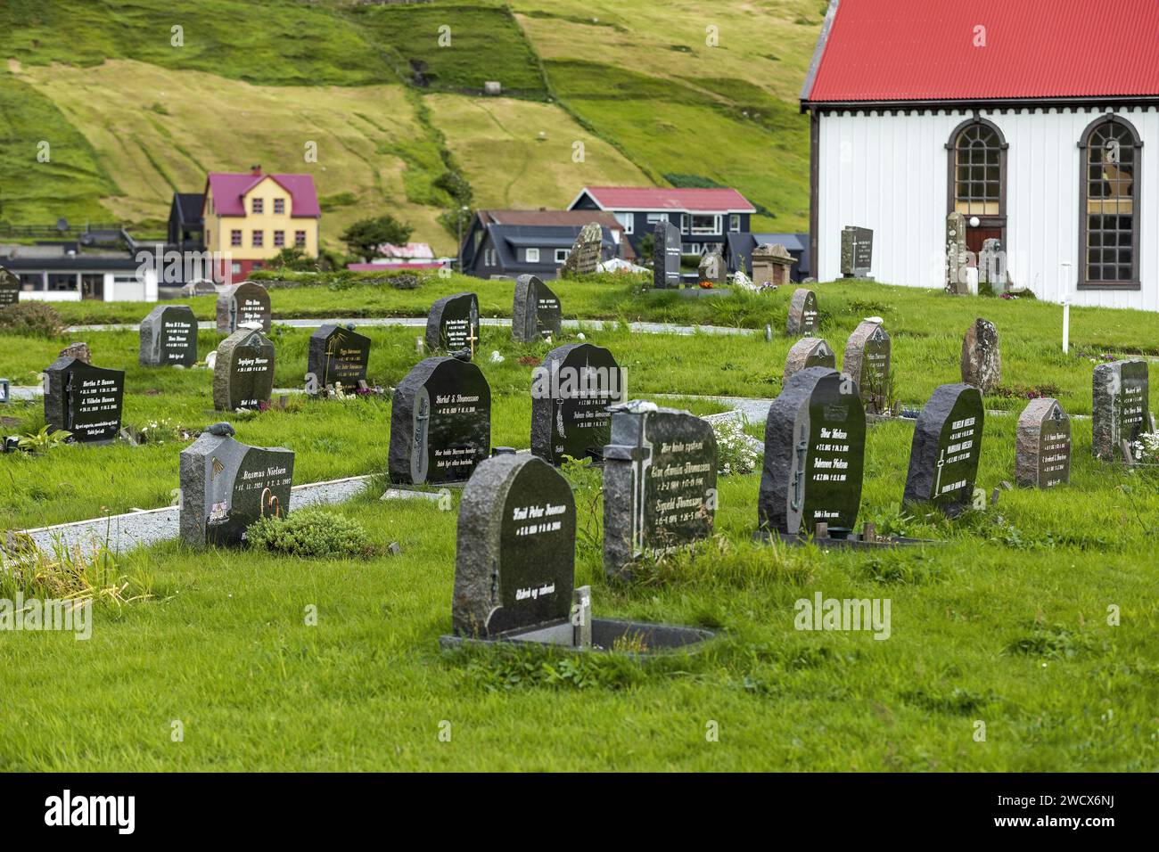 Denmark, Faroe Islands, island of Vagar, Sandavagur, church and cemetery Stock Photo