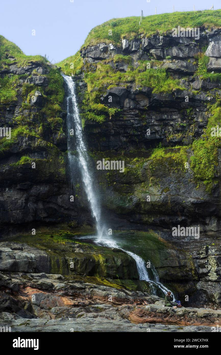 Denmark, Faroe Islands, Kalsoy island, Mikladalur, waterfall Stock Photo