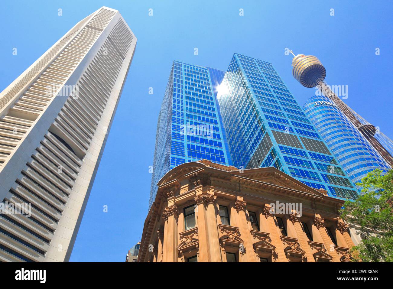 Australia, New South Wales, Sydney, Central Business District (CBD), building (late 19th century) of Pitt Street Mall with office buildings and the Sydney Tower in the background (1981) Stock Photo