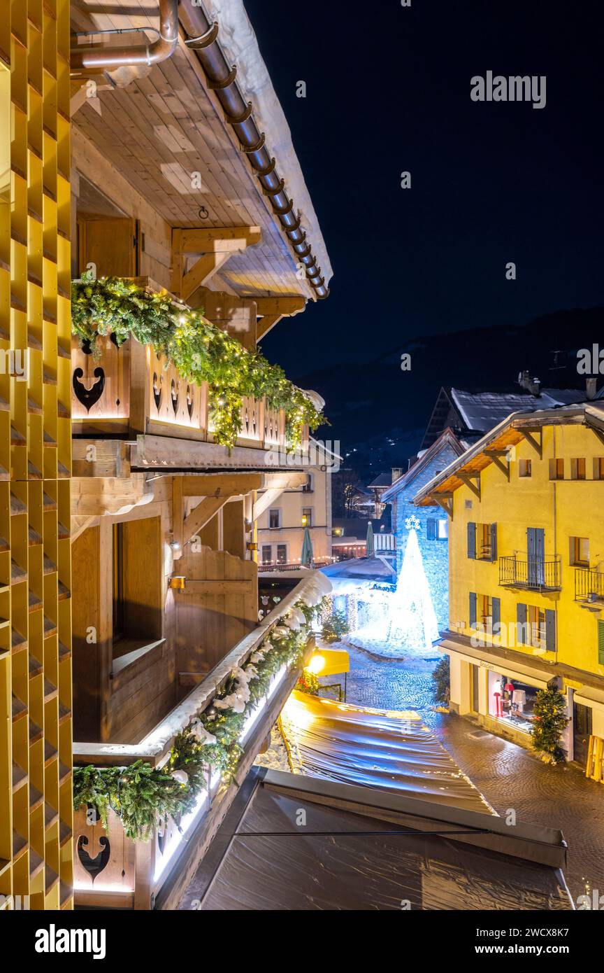 France, Haute Savoie, Megeve, 4-star Coeur de Megève hotel restaurant, night view of the street from a room Stock Photo