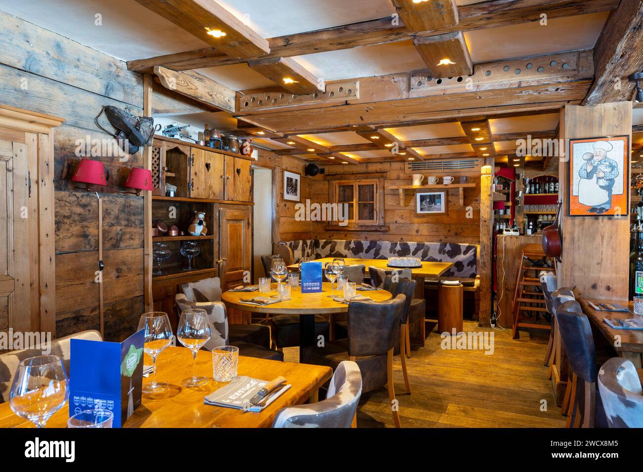 France, Haute Savoie, Megeve, restaurant Le Refuge, very cozy interior of the dining room Stock Photo