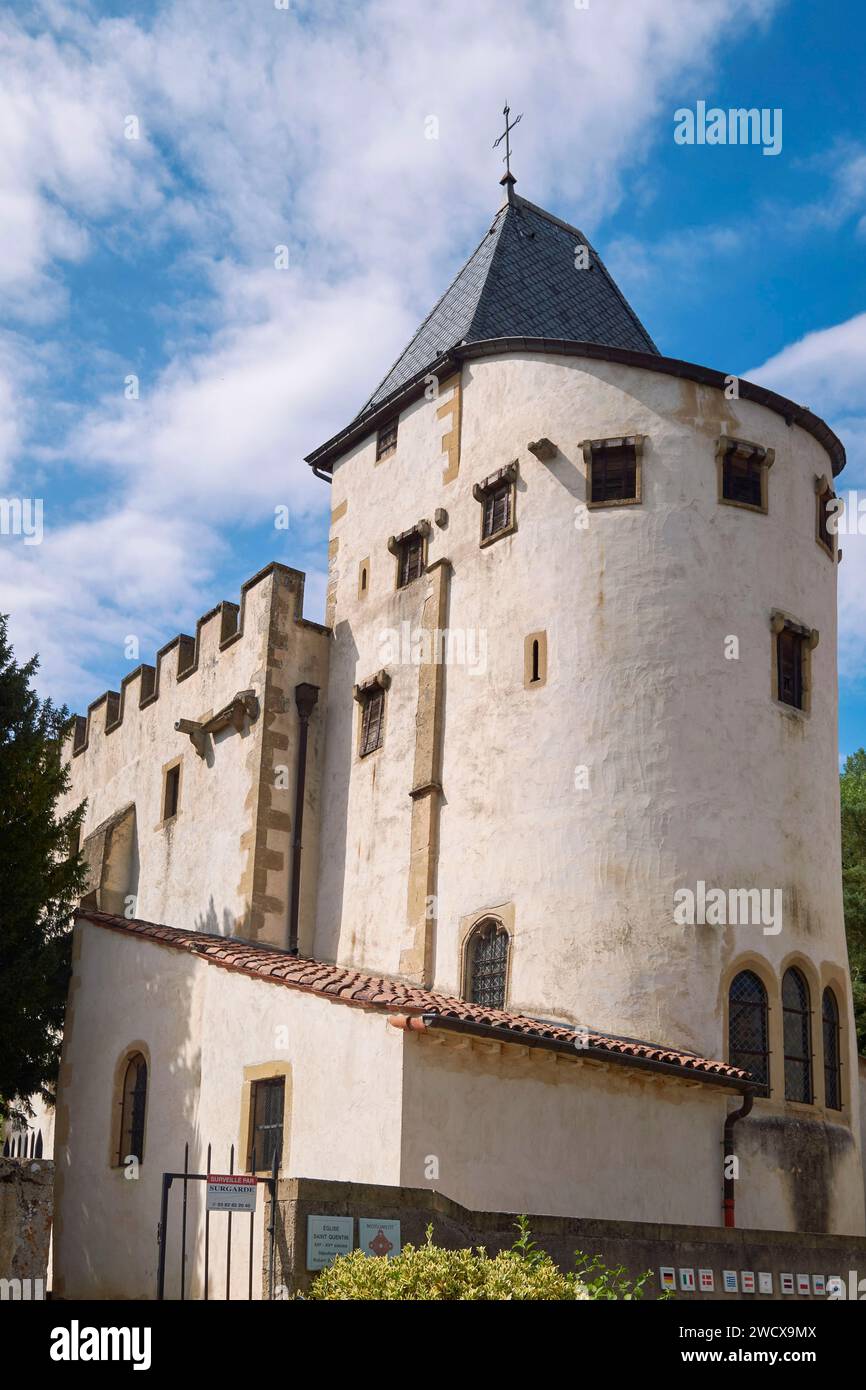 France, Moselle, Scy Chazelles, the fortified church of Saint Quentin built in the 12th century by the fathers of Gorze Abbey houses the tomb of Robert Schuman Stock Photo