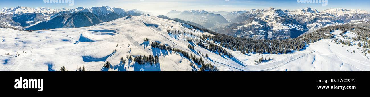 France, Savoie, Hauteluce, panoramic aerial view of Les Saisies winter sports resort (aerial view) Stock Photo