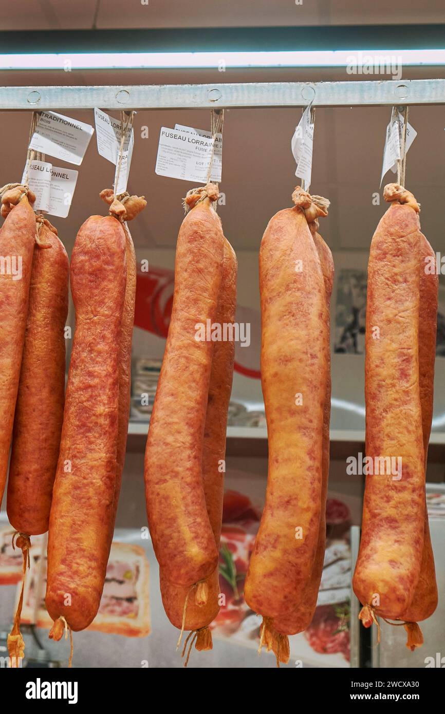 France, Moselle, Metz, the covered market, the fuseau lorrain has the same composition as the dry sausage, but smoked instead of being dried Stock Photo