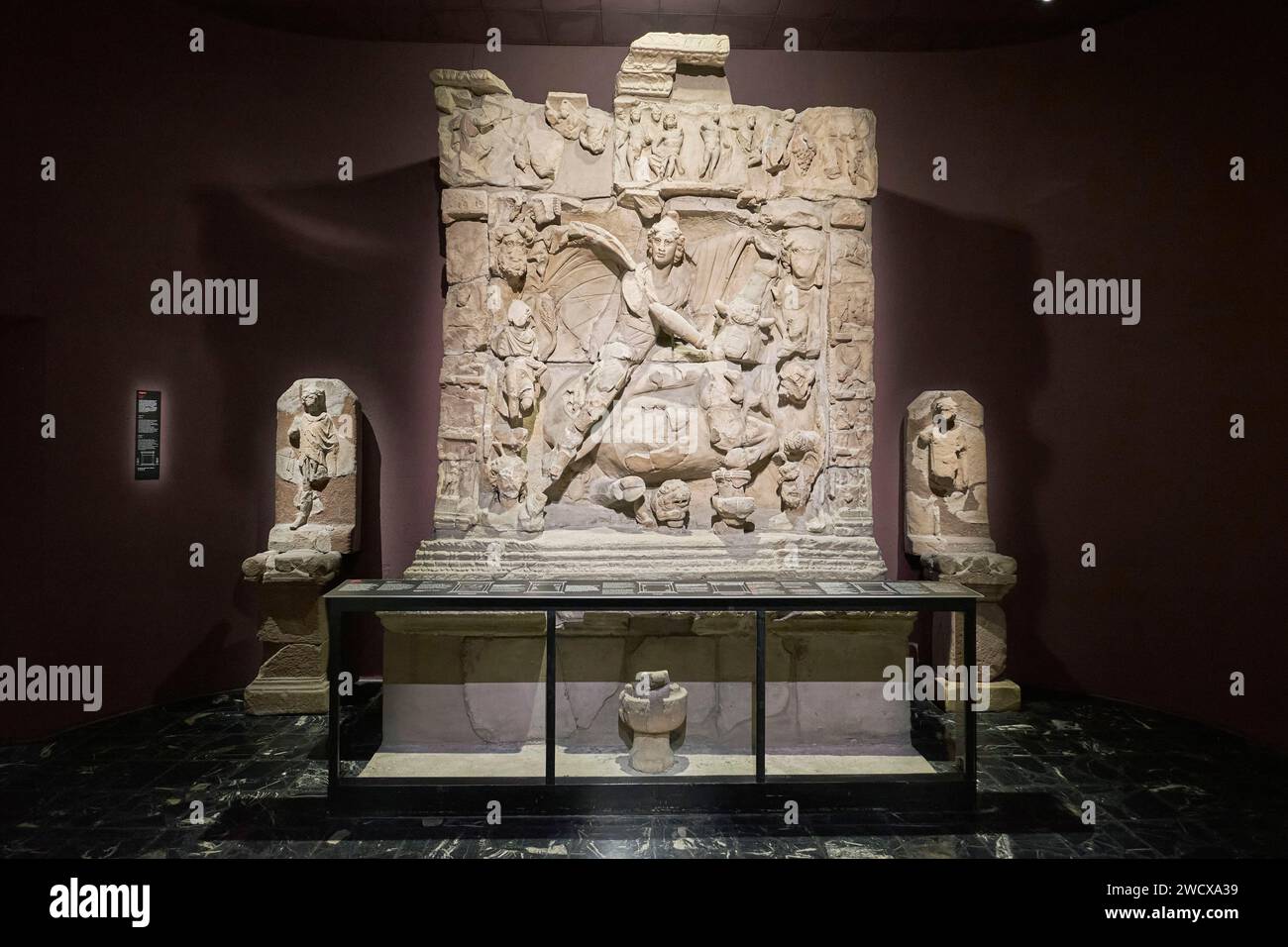 France, Moselle, Metz, the Cour d'Or museum of Metz Metropole, Gallo Roman collections, the relief of Mithras, Bas relief of the Gallo Roman mithraeum found in Sarrebourg Stock Photo