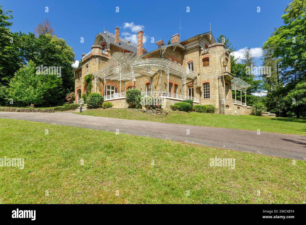 France, Meurthe et Moselle, house in Art Nouveau style called Chateau de la Garenne located in the Eaux Bleues domain which belongs to the Foundation Nicolas Gridel built in 1897 then converted in 1904 by architect Lucien Weissenburger for Antoine Corbin owner of the Magasins Reunis in Nancy Stock Photo