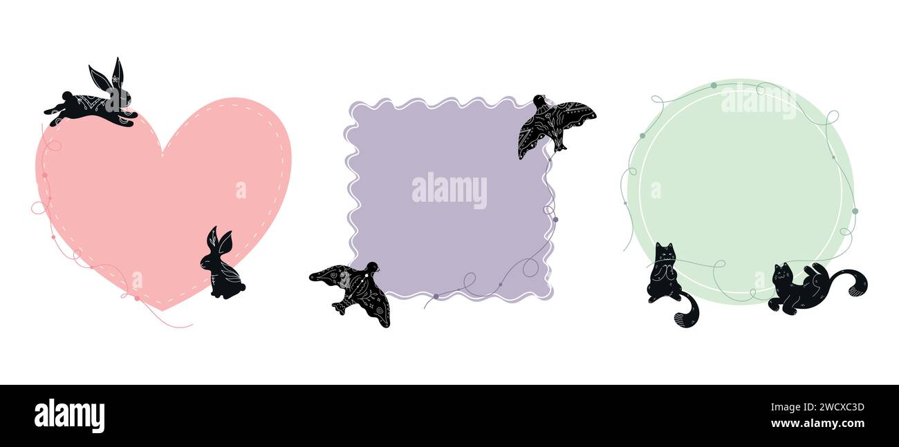 Template Rabbit Heart Set of templates decorated with animal silhouettes drawn in boho style ...