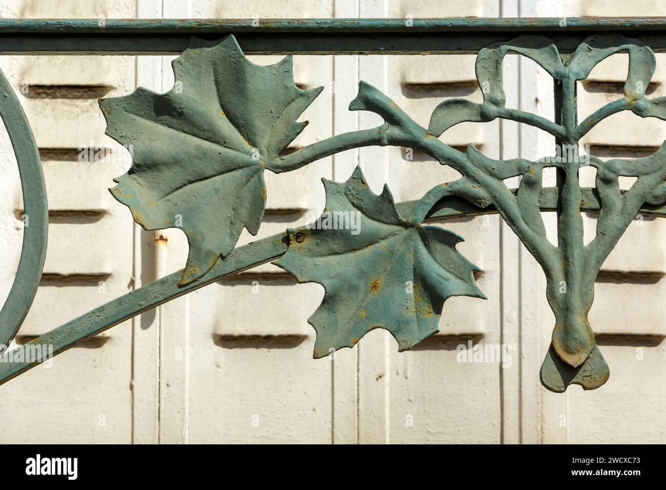 France, Meurthe et Moselle, Nancy, detail of the ironwork made of wrought iron representing tree leaves of the window railing of a house located Rue Mon Desert Stock Photo