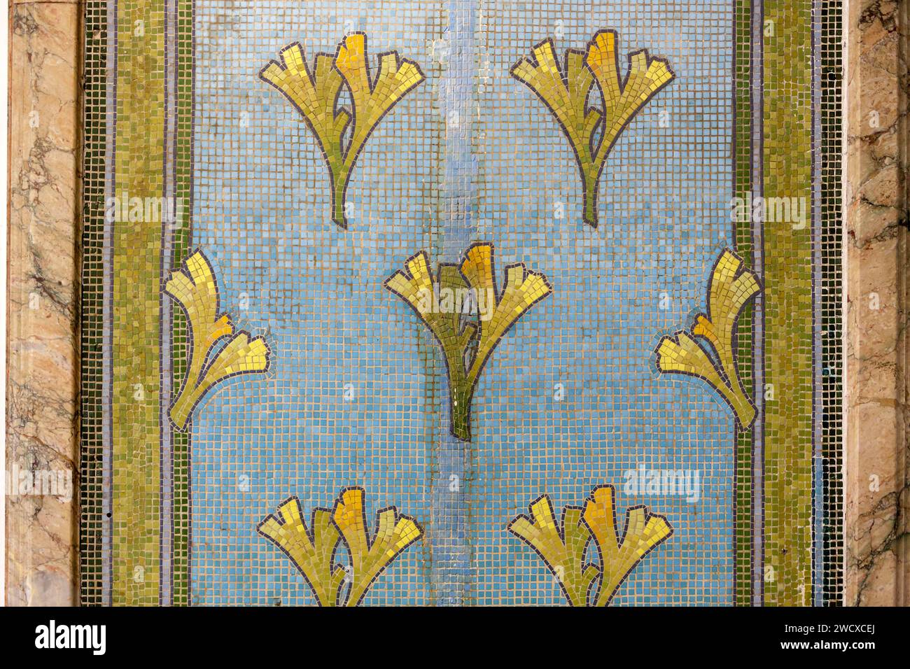France, Meurthe et Moselle, Nancy, mosaic on the wall of the house in Art Nouveau style called Chateau de la Garenne located in the Eaux Bleues domain which belongs to the Foundation Nicolas Gridel built in 1897 then converted in 1904 by architect Lucien Weissenburger for Antoine Corbin owner of the Magasins Reunis in Nancy Stock Photo