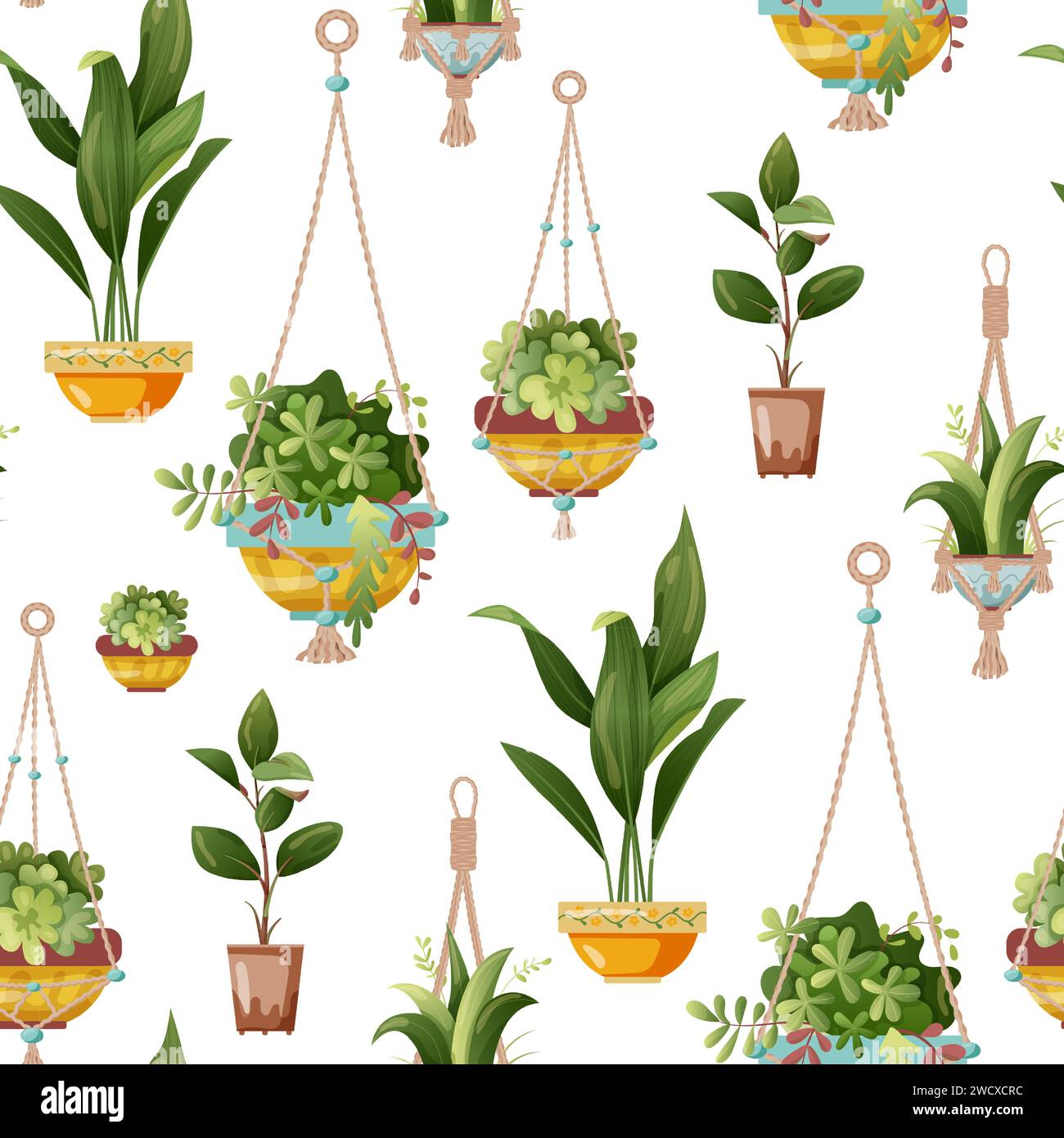 Seamless pattern. Houseplant and macrame plant growing in pots. Set of ...