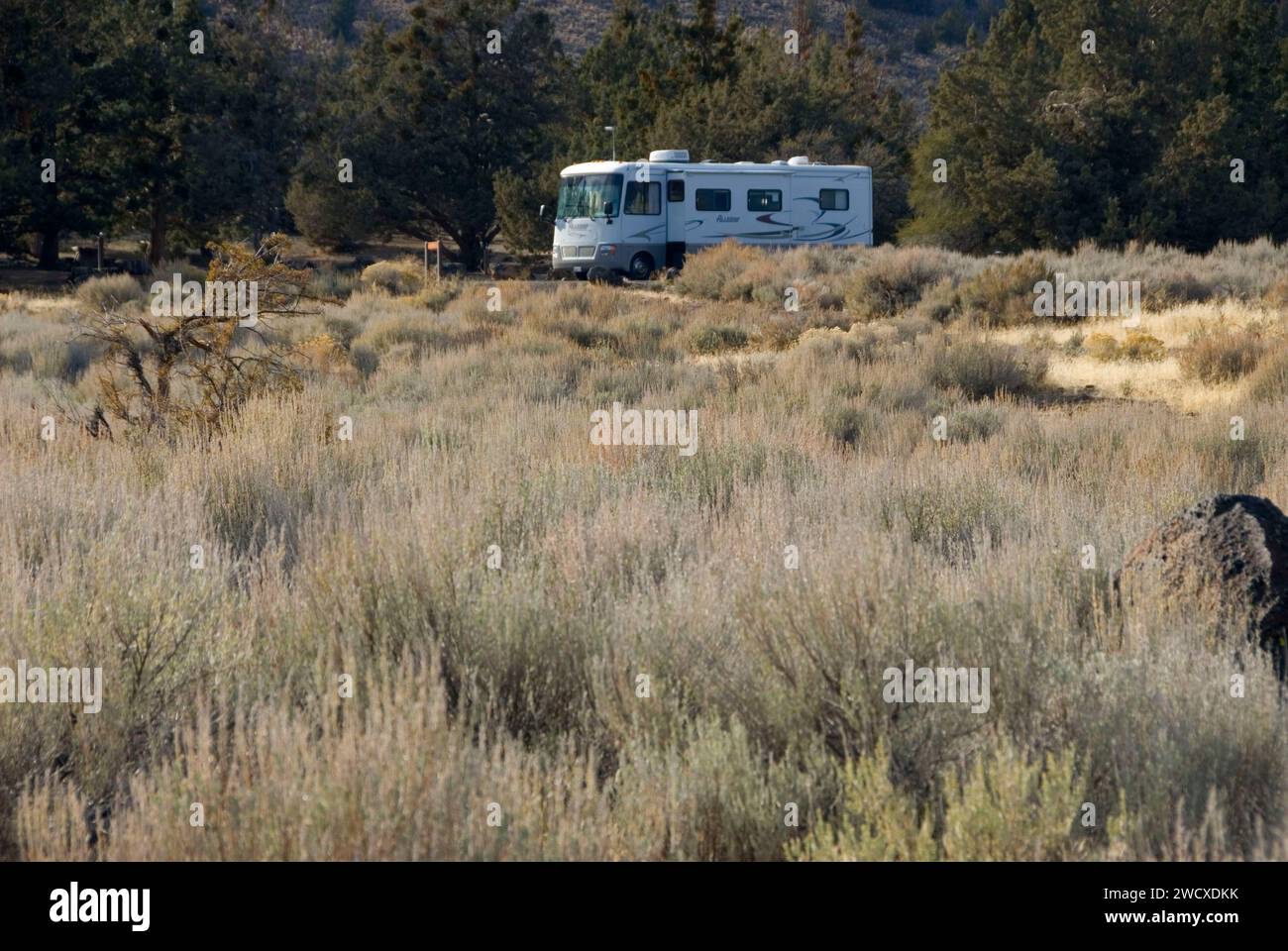 Motorhome in campground, Lava Beds National Monument, California Stock
