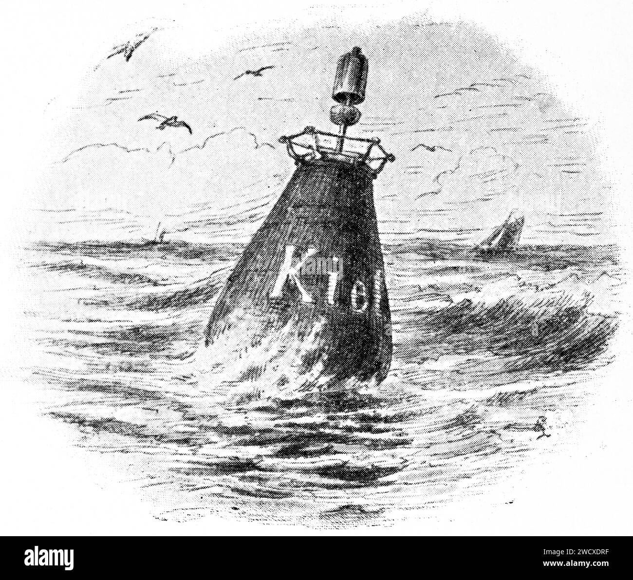 Buoy named Kiel with top light on the open sea, presumably Baltic Sea, Schleswig-Holstein, Northern Germany, historical illustration 1898 Stock Photo