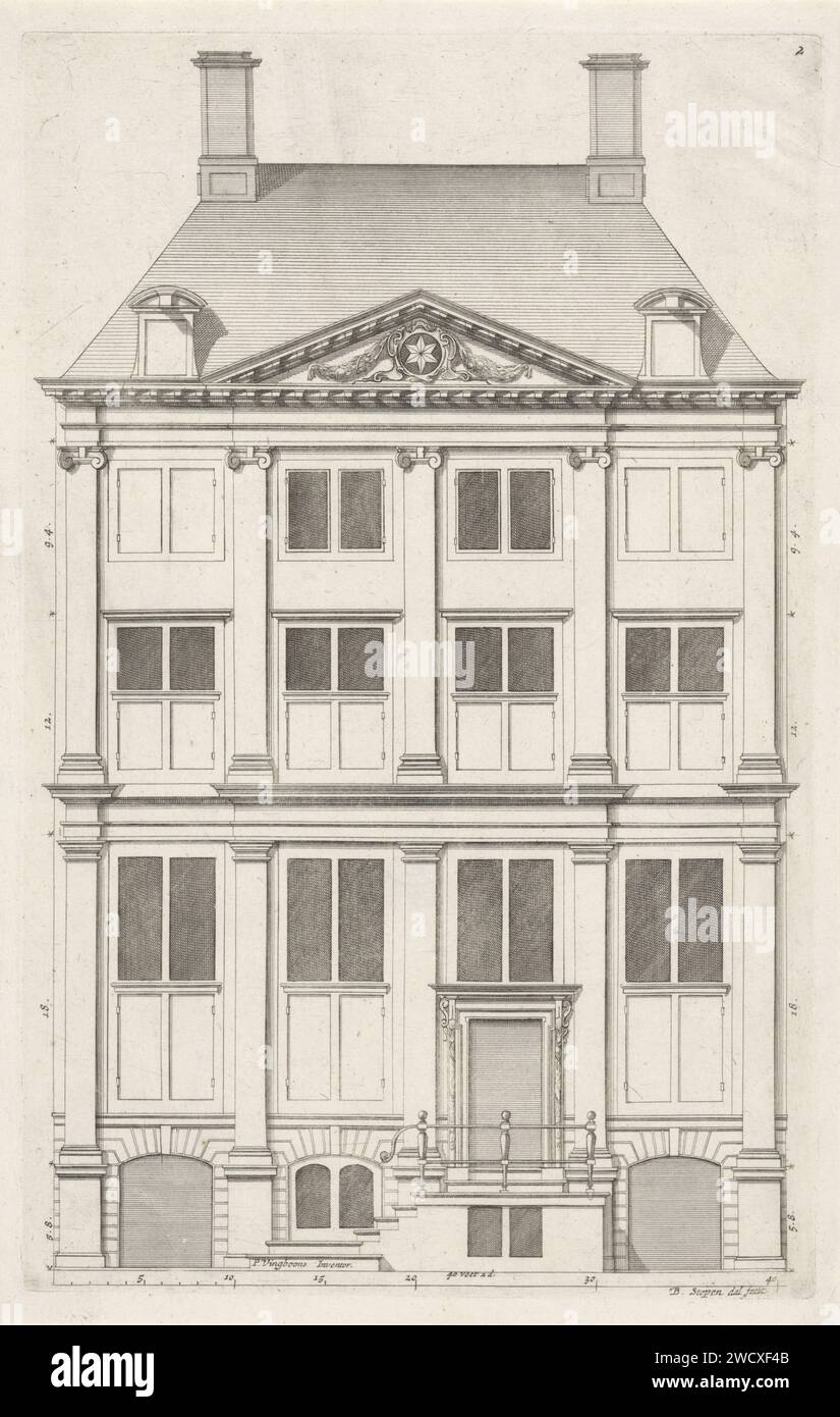 Facade of Huis de Star or De Ster in Amsterdam, Bastiaen Stopendael, After Philips Vinckboons (II), 1674 print Facade of the star on the Kloveniersburgwal in Amsterdam. The house was designed by Philips Vingboons for Nicolaas van Bambeeck. Amsterdam paper etching / engraving exterior  architectural design or model Kloveniersburgwal Stock Photo