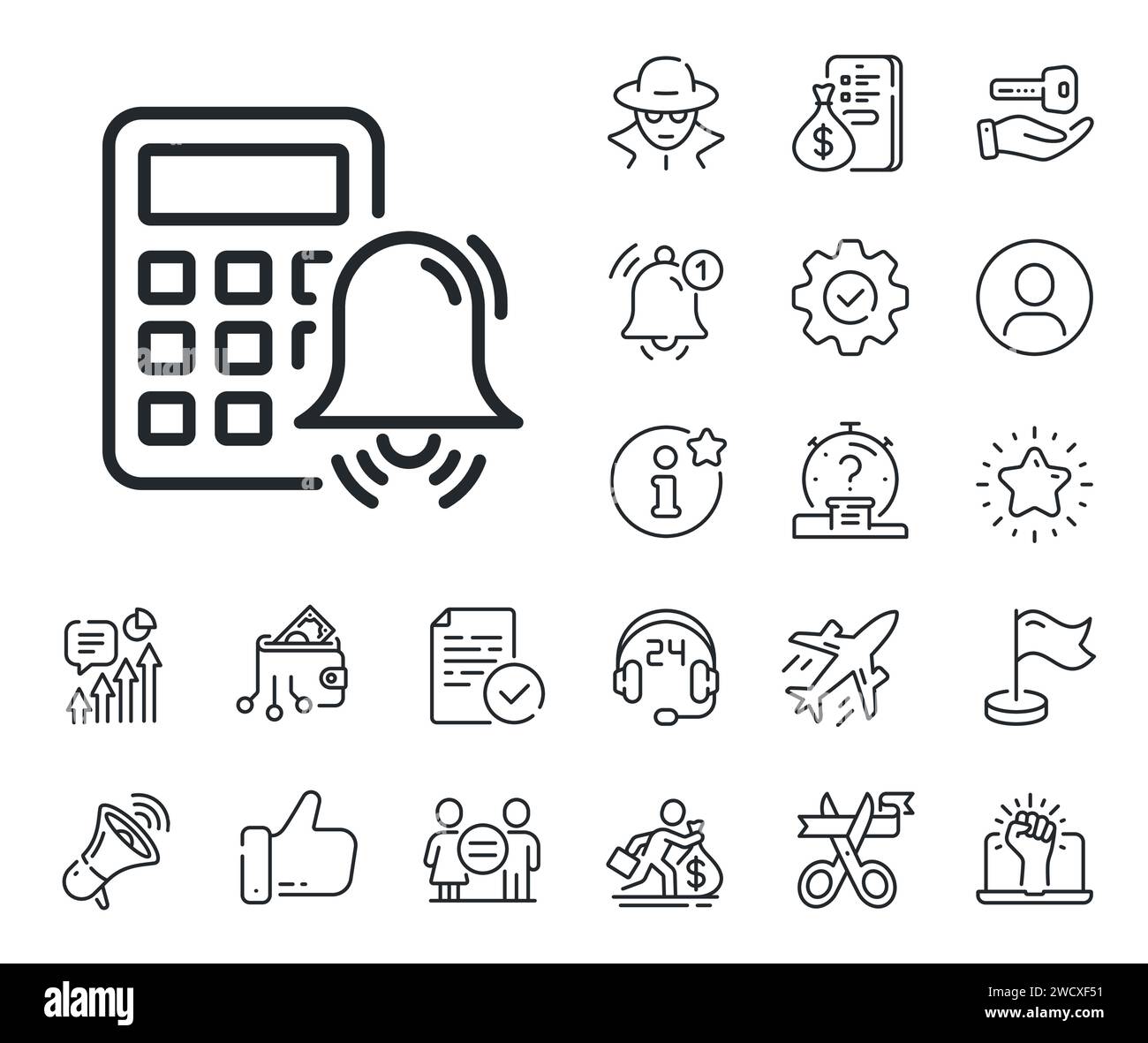 Calculator alarm line icon. Accounting sign. Salaryman, gender equality