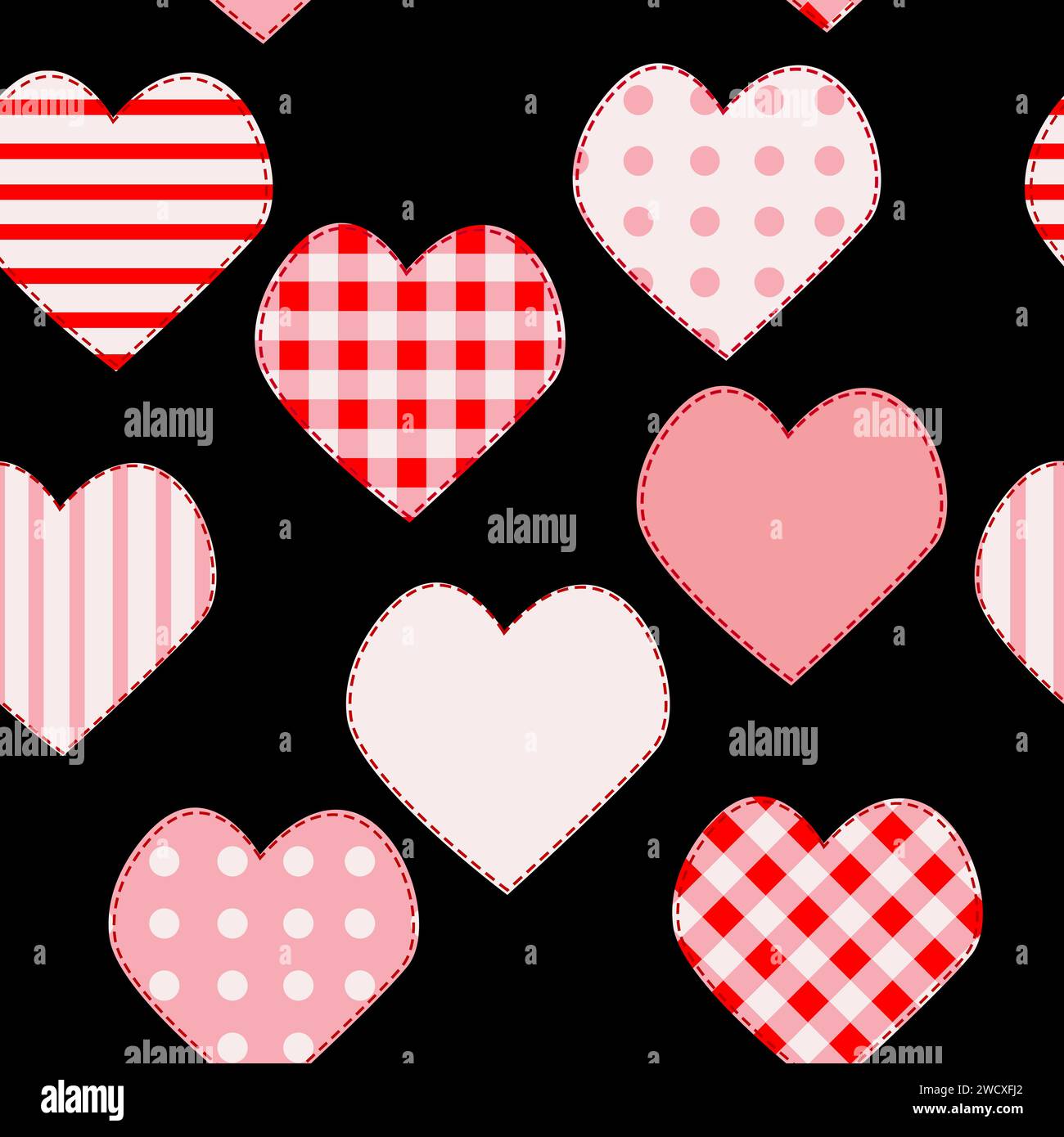 Love seamless pattern with pink patchwork hearts on black background Stock Vector