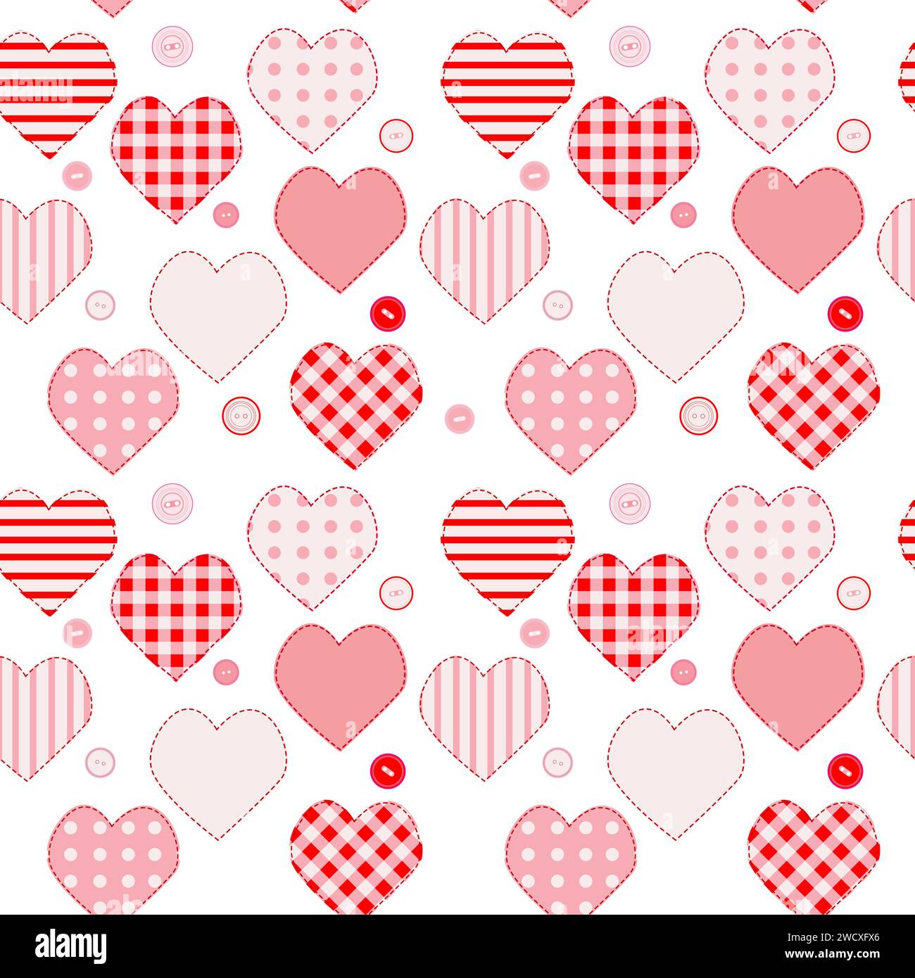 Cute seamless love pattern with pink patchwork hearts and buttons Stock Vector