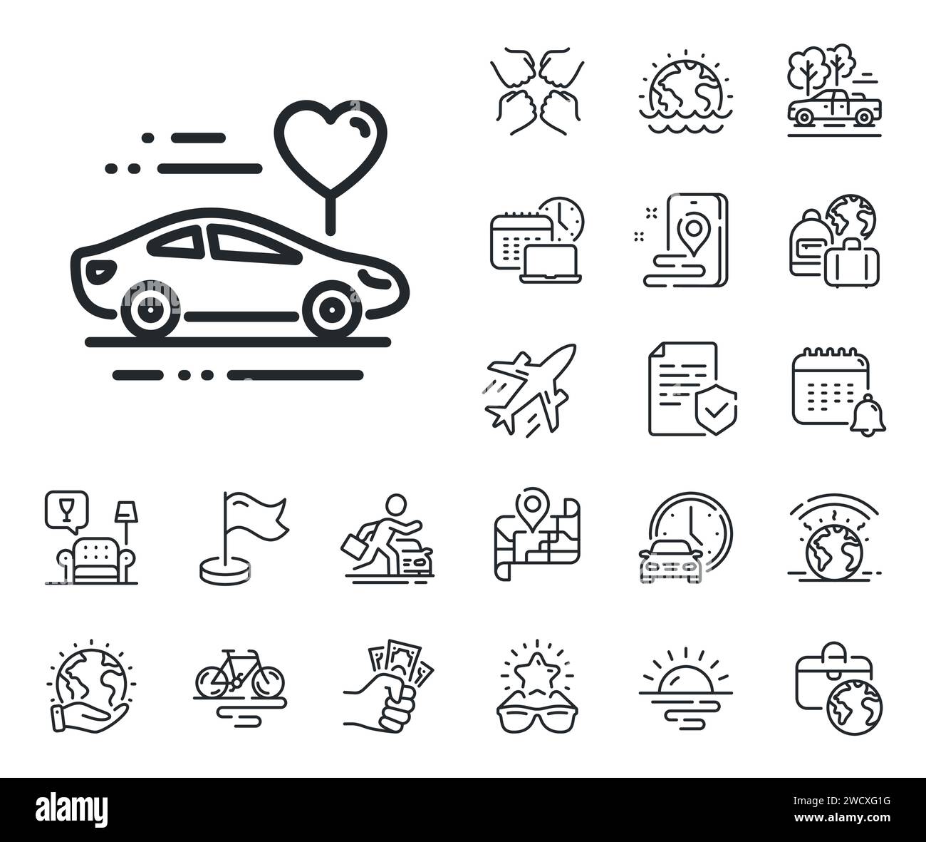 Honeymoon travel line icon. Love car trip sign. Plane jet, travel map