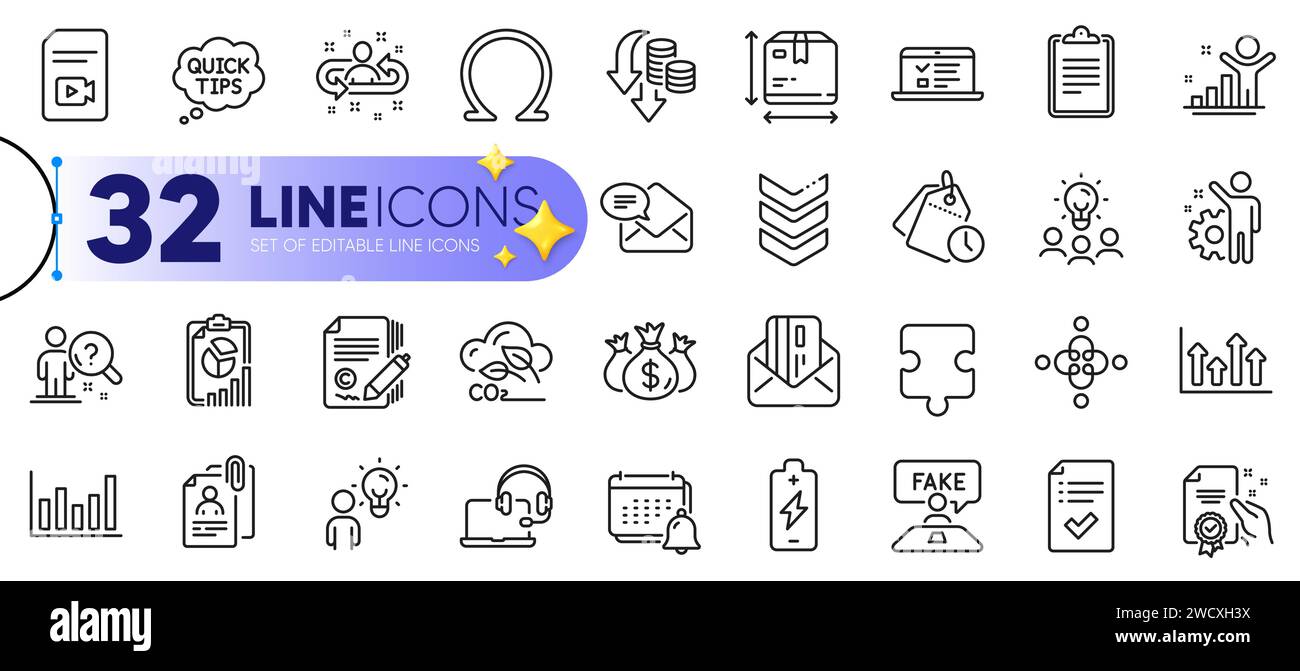 Outline set of Check investment, Employee and Box size line icons. For web app. Vector Stock Vector
