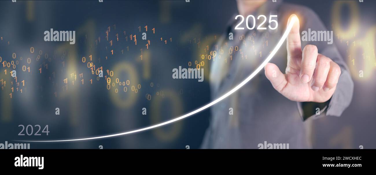 Happy new year 2025. A man draws a rising graph, line, from the end of
