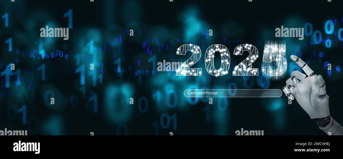 Happy new year. Artificial intelligence, Ai, robotic hand tapping on